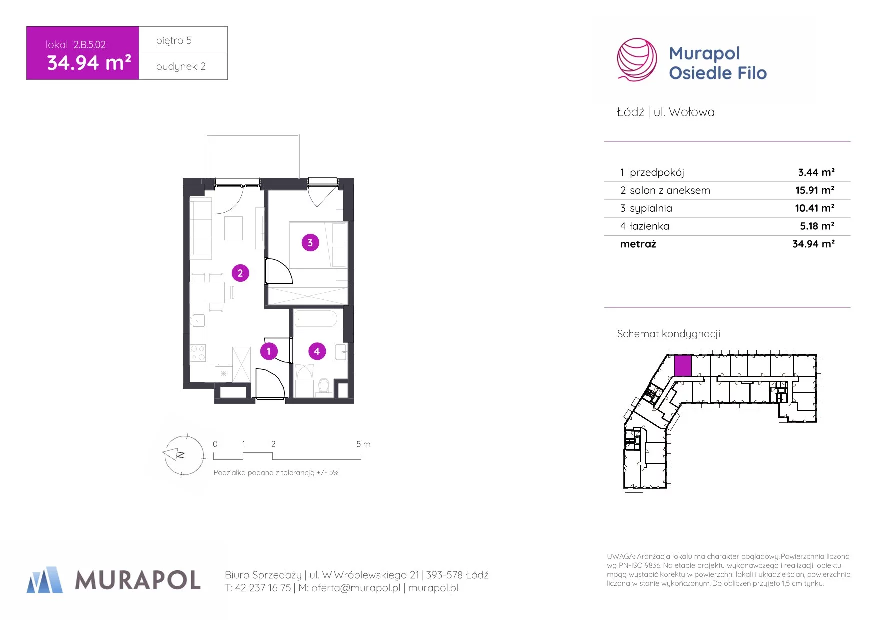 2 pokoje, mieszkanie 34,94 m², piętro 5, oferta nr 2.B.5.02, Murapol Osiedle Filo, Łódź, Polesie, Stare Polesie, ul. Wołowa