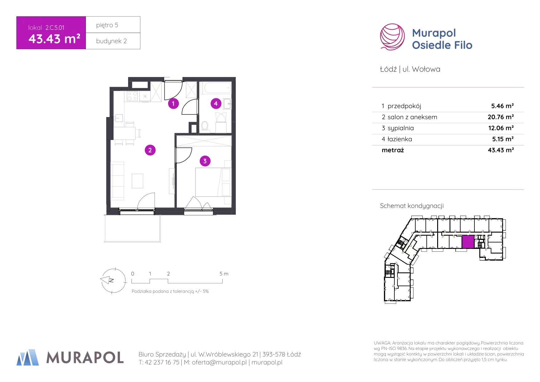 2 pokoje, mieszkanie 43,43 m², piętro 5, oferta nr 2.C.5.01, Murapol Osiedle Filo, Łódź, Polesie, Stare Polesie, ul. Wołowa