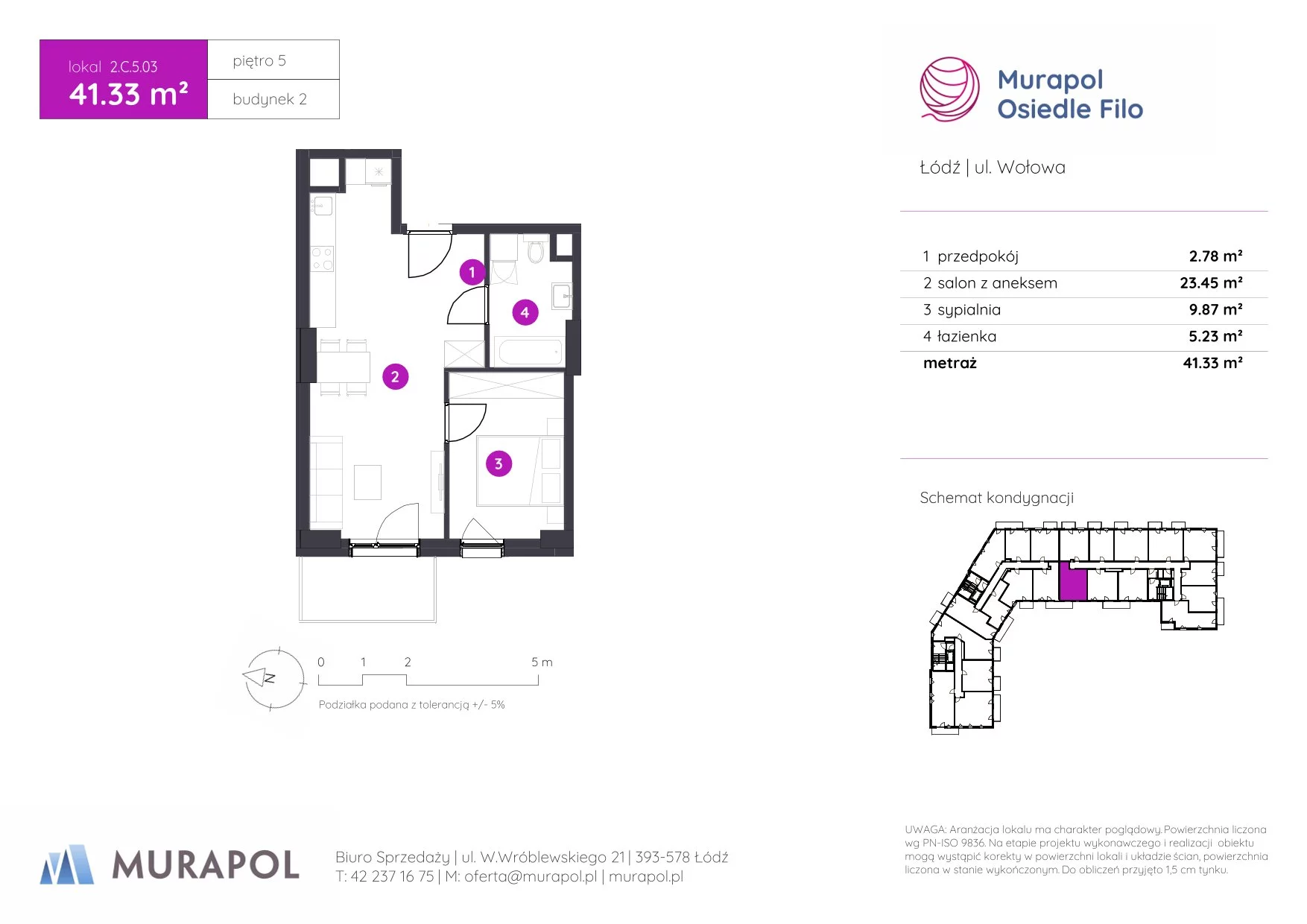 2 pokoje, mieszkanie 41,33 m², piętro 5, oferta nr 2.C.5.03, Murapol Osiedle Filo, Łódź, Polesie, Stare Polesie, ul. Wołowa