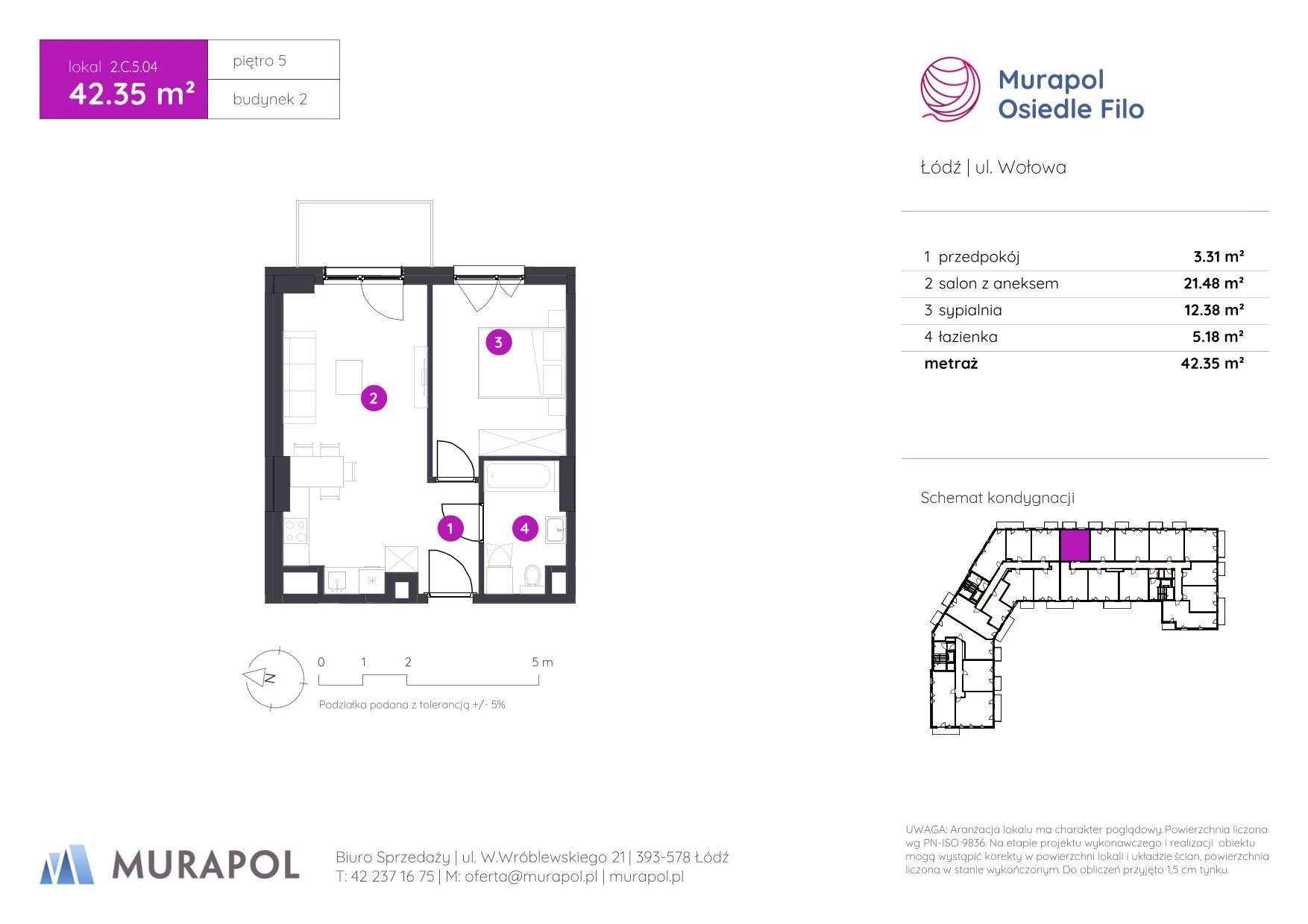 2 pokoje, mieszkanie 42,35 m², piętro 5, oferta nr 2.C.5.04, Murapol Osiedle Filo, Łódź, Polesie, Stare Polesie, ul. Wołowa