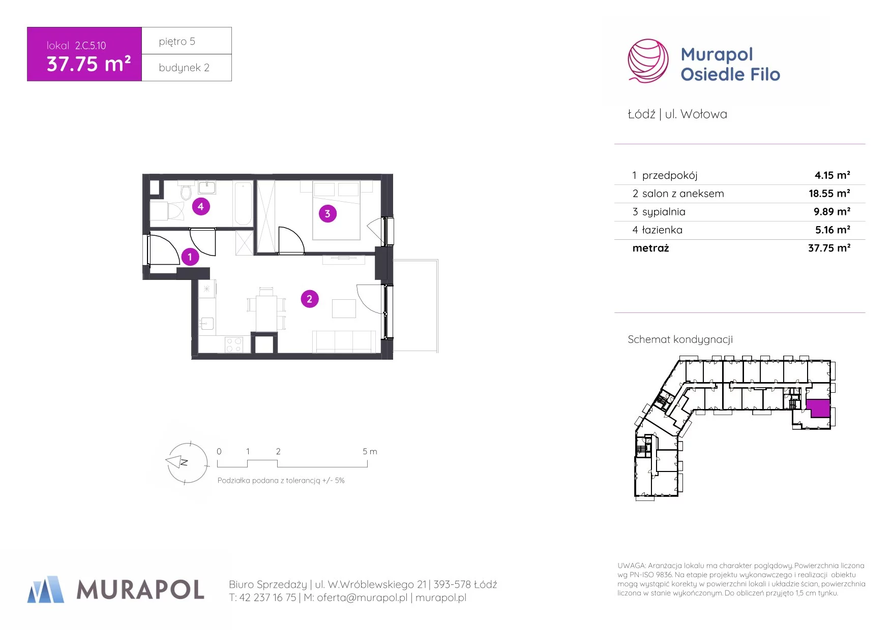 2 pokoje, mieszkanie 37,75 m², piętro 5, oferta nr 2.C.5.10, Murapol Osiedle Filo, Łódź, Polesie, Stare Polesie, ul. Wołowa