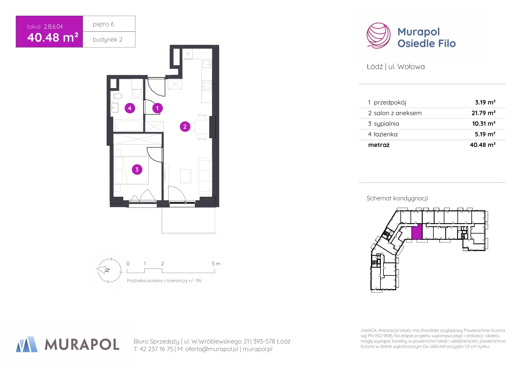 2 pokoje, mieszkanie 40,48 m², piętro 6, oferta nr 2.B.6.04, Murapol Osiedle Filo, Łódź, Polesie, Stare Polesie, ul. Wołowa