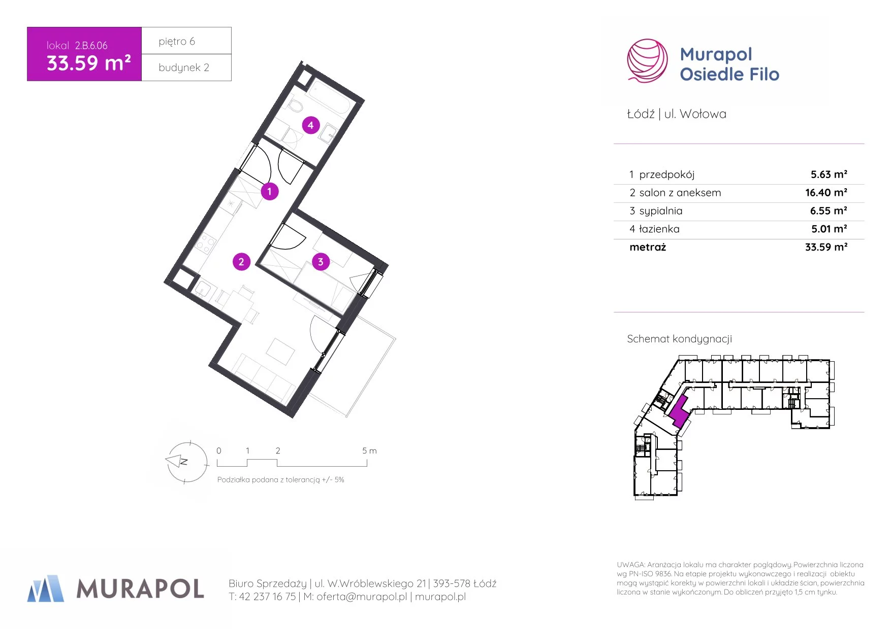 2 pokoje, mieszkanie 33,59 m², piętro 6, oferta nr 2.B.6.06, Murapol Osiedle Filo, Łódź, Polesie, Stare Polesie, ul. Wołowa