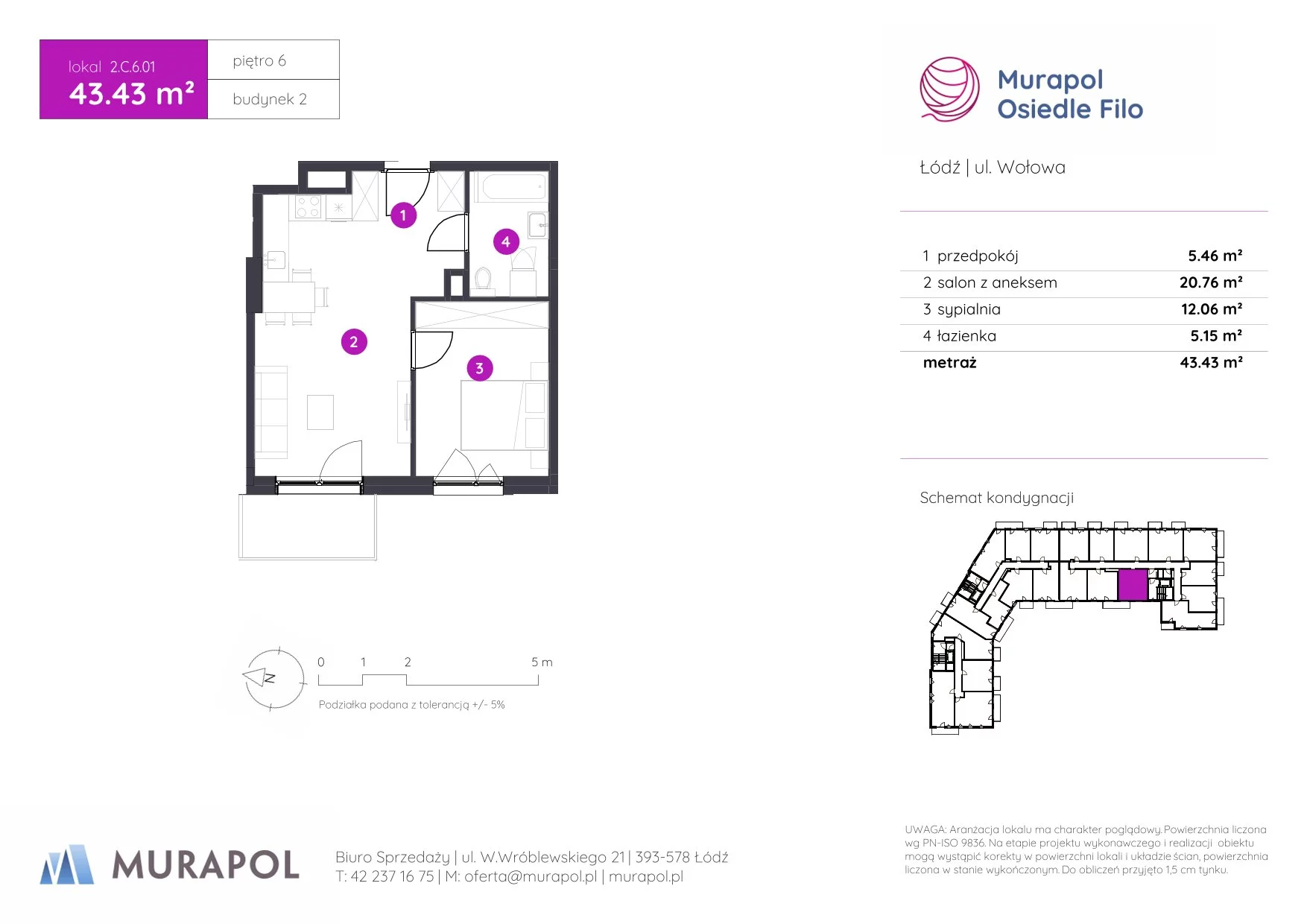 2 pokoje, mieszkanie 43,43 m², piętro 6, oferta nr 2.C.6.01, Murapol Osiedle Filo, Łódź, Polesie, Stare Polesie, ul. Wołowa