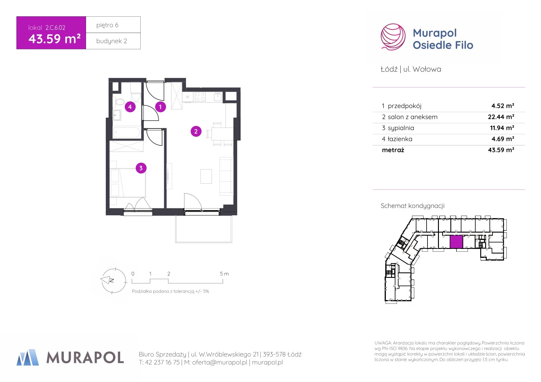2 pokoje, mieszkanie 43,59 m², piętro 6, oferta nr 2.C.6.02, Murapol Osiedle Filo, Łódź, Polesie, Stare Polesie, ul. Wołowa
