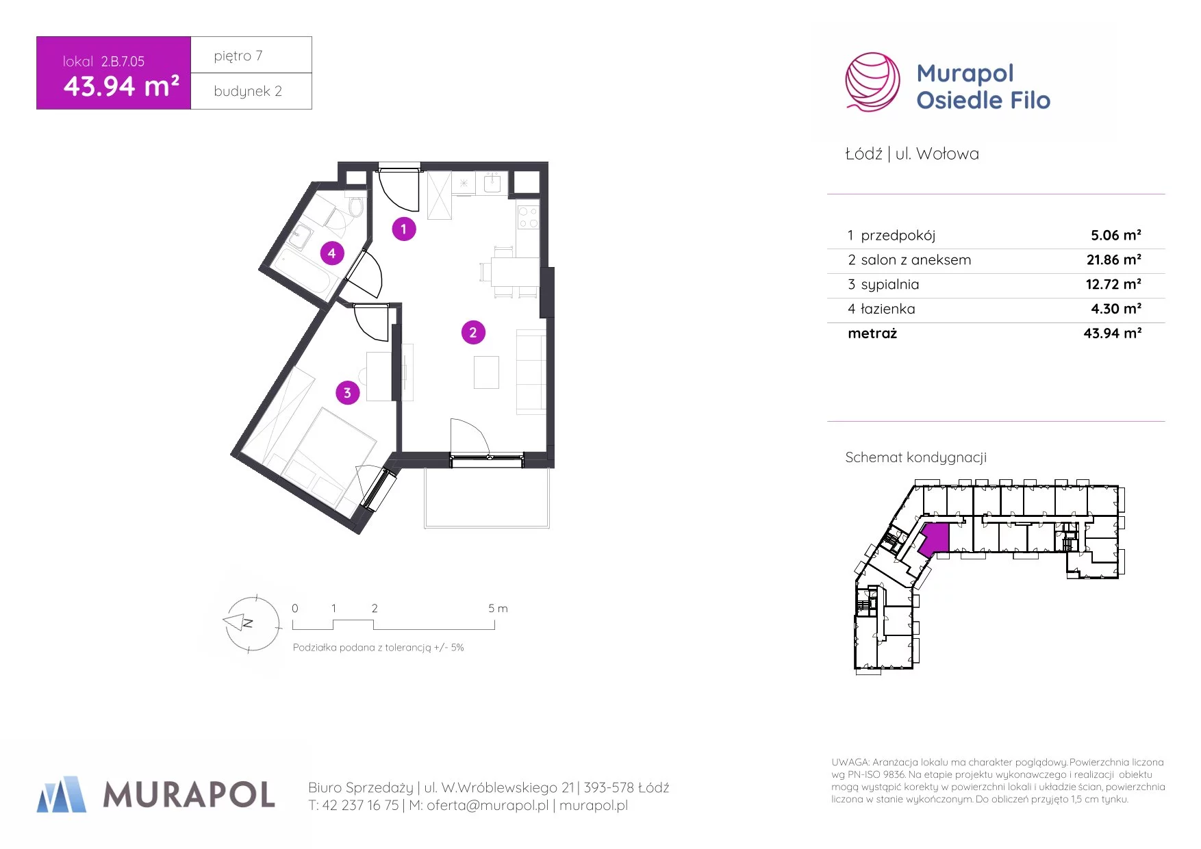 2 pokoje, mieszkanie 43,94 m², piętro 7, oferta nr 2.B.7.05, Murapol Osiedle Filo, Łódź, Polesie, Stare Polesie, ul. Wołowa