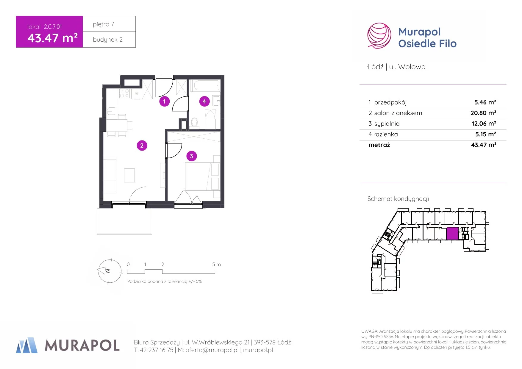 2 pokoje, mieszkanie 43,47 m², piętro 7, oferta nr 2.C.7.01, Murapol Osiedle Filo, Łódź, Polesie, Stare Polesie, ul. Wołowa