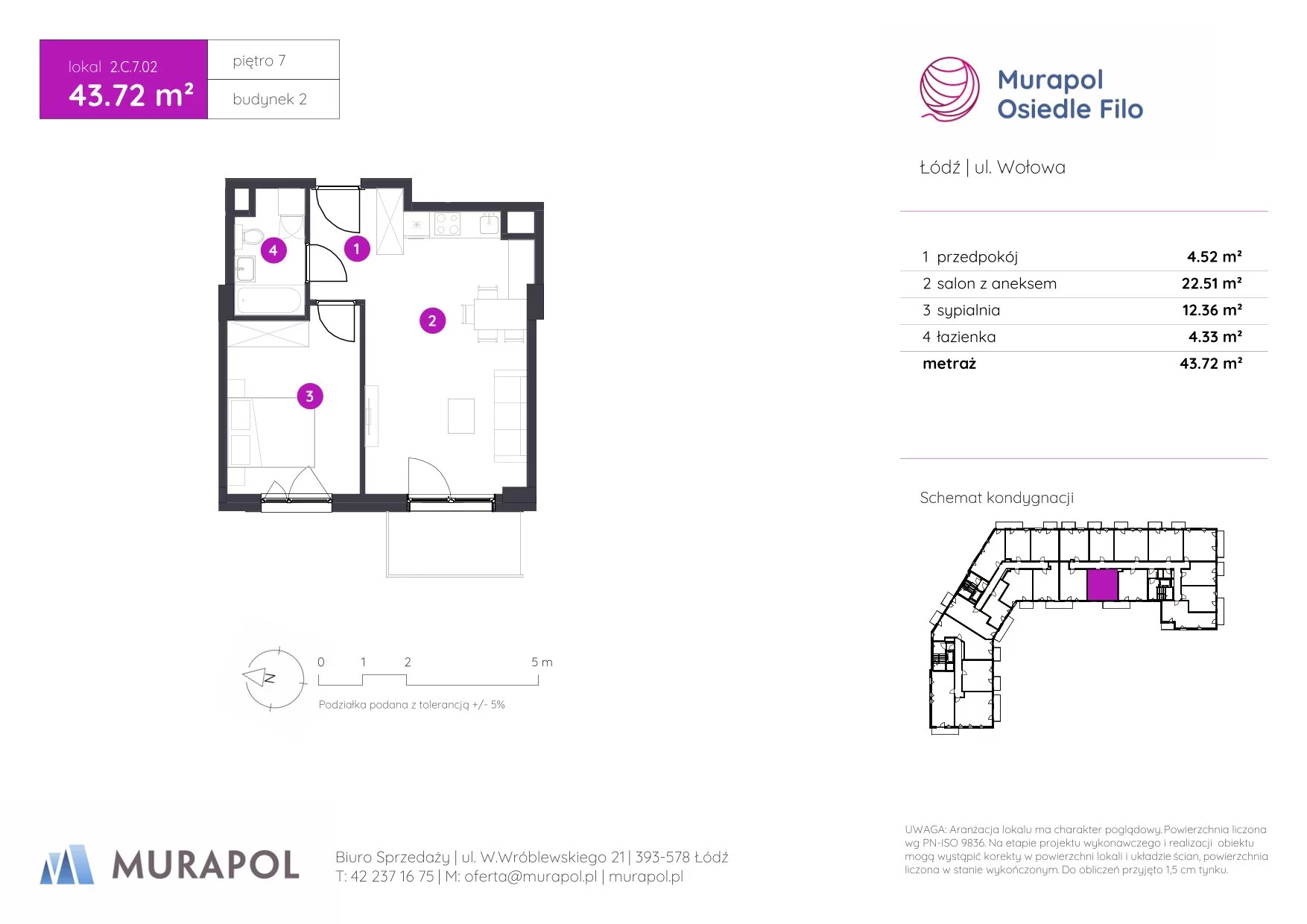 2 pokoje, mieszkanie 43,72 m², piętro 7, oferta nr 2.C.7.02, Murapol Osiedle Filo, Łódź, Polesie, Stare Polesie, ul. Wołowa