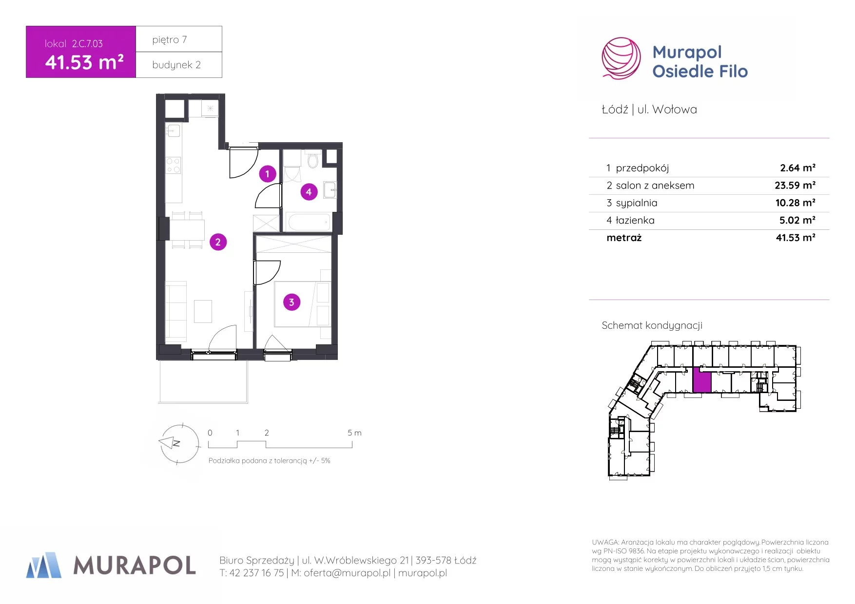 2 pokoje, mieszkanie 41,53 m², piętro 7, oferta nr 2.C.7.03, Murapol Osiedle Filo, Łódź, Polesie, Stare Polesie, ul. Wołowa