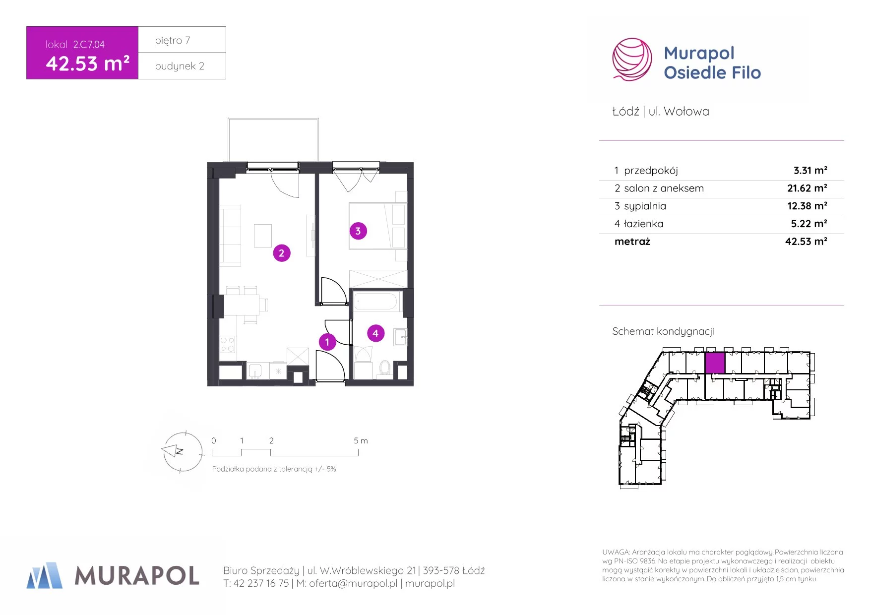 2 pokoje, mieszkanie 42,53 m², piętro 7, oferta nr 2.C.7.04, Murapol Osiedle Filo, Łódź, Polesie, Stare Polesie, ul. Wołowa