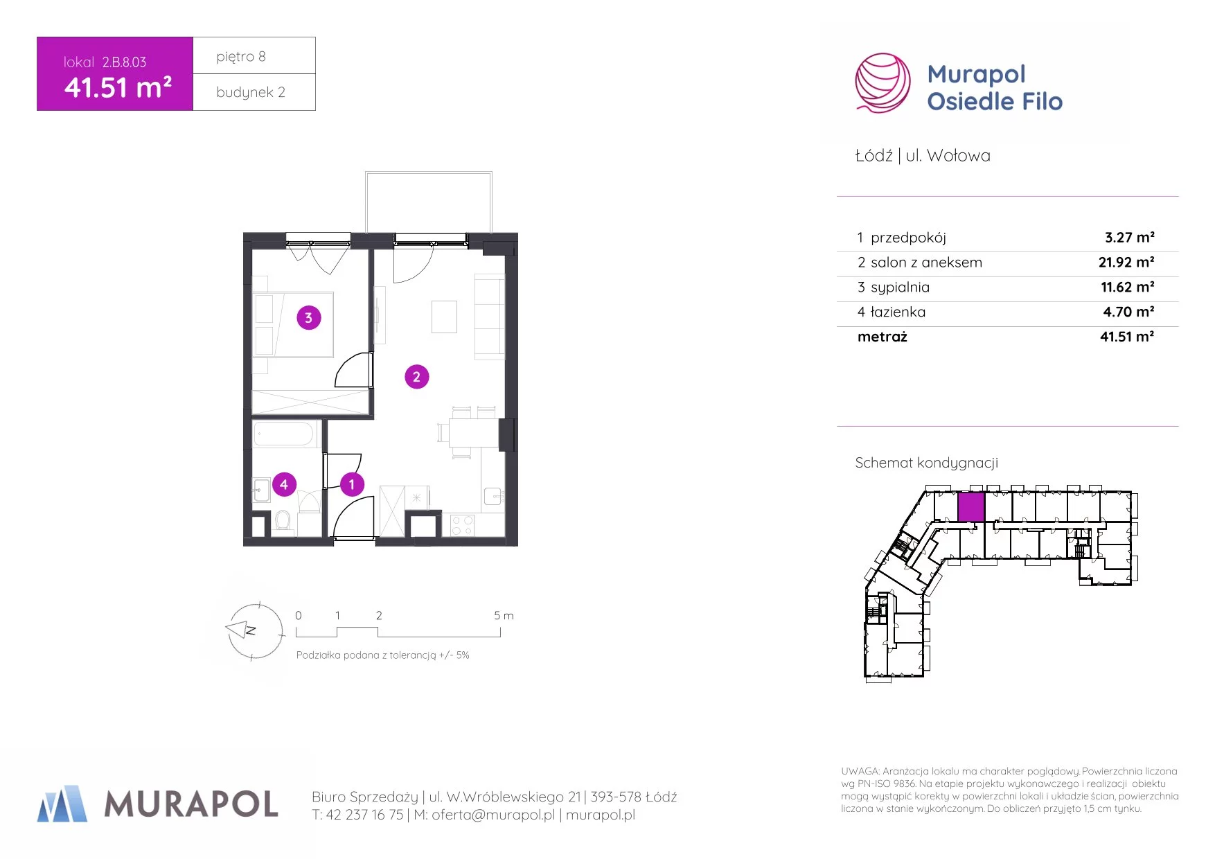 2 pokoje, mieszkanie 41,51 m², piętro 8, oferta nr 2.B.8.03, Murapol Osiedle Filo, Łódź, Polesie, Stare Polesie, ul. Wołowa