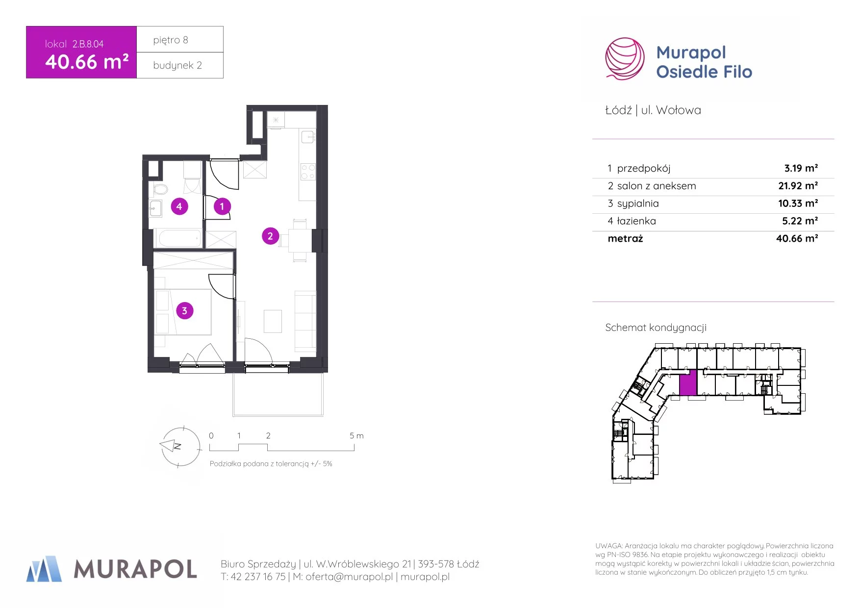 2 pokoje, mieszkanie 40,66 m², piętro 8, oferta nr 2.B.8.04, Murapol Osiedle Filo, Łódź, Polesie, Stare Polesie, ul. Wołowa