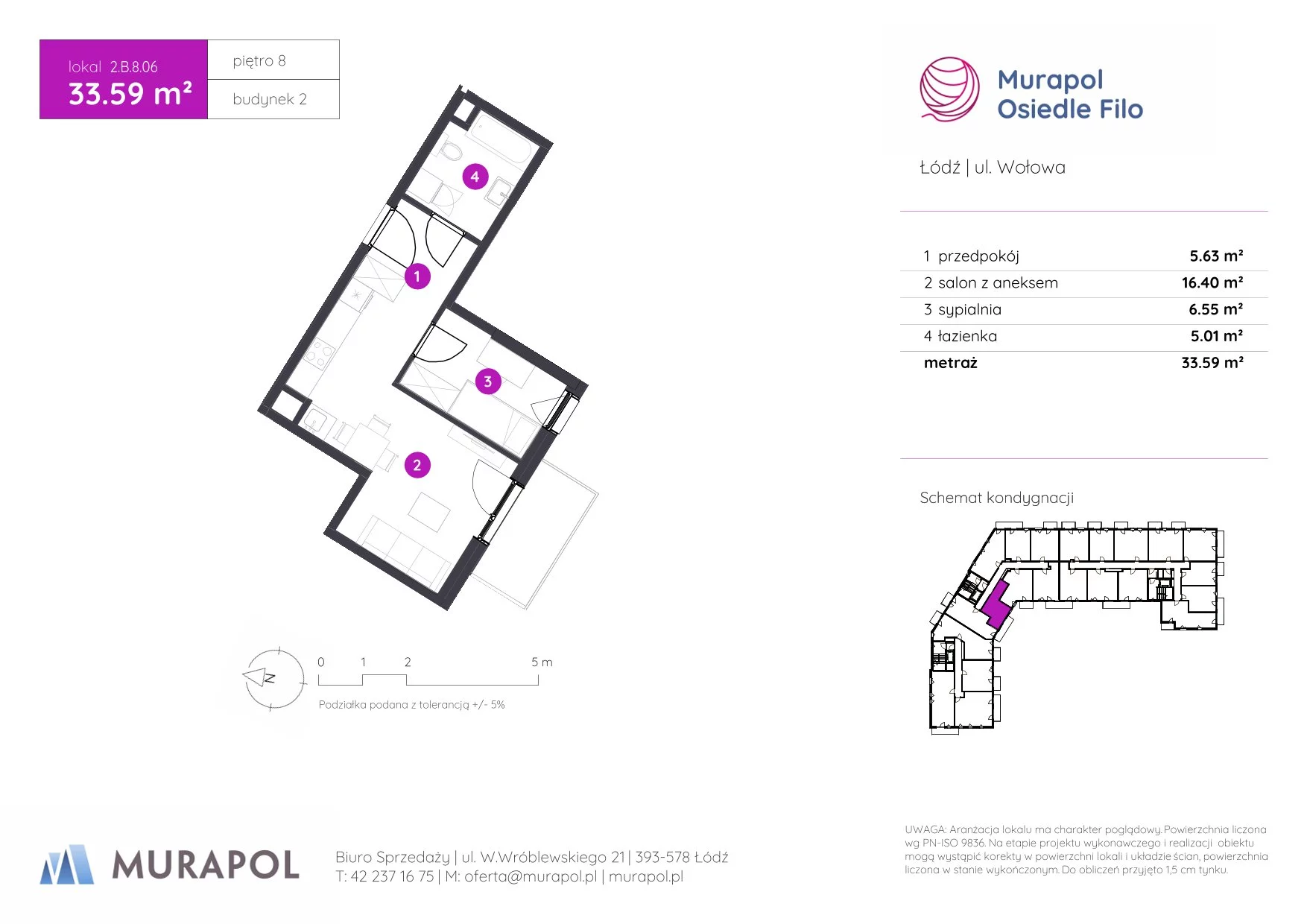 2 pokoje, mieszkanie 33,59 m², piętro 8, oferta nr 2.B.8.06, Murapol Osiedle Filo, Łódź, Polesie, Stare Polesie, ul. Wołowa