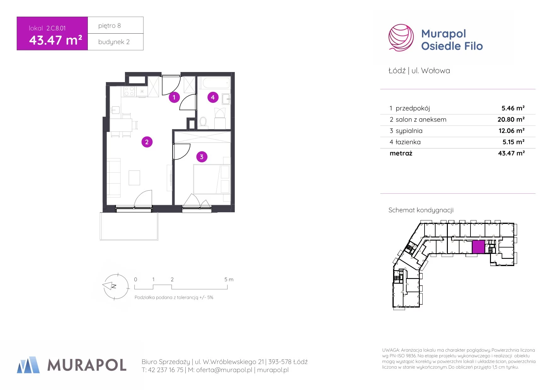 2 pokoje, mieszkanie 43,47 m², piętro 8, oferta nr 2.C.8.01, Murapol Osiedle Filo, Łódź, Polesie, Stare Polesie, ul. Wołowa