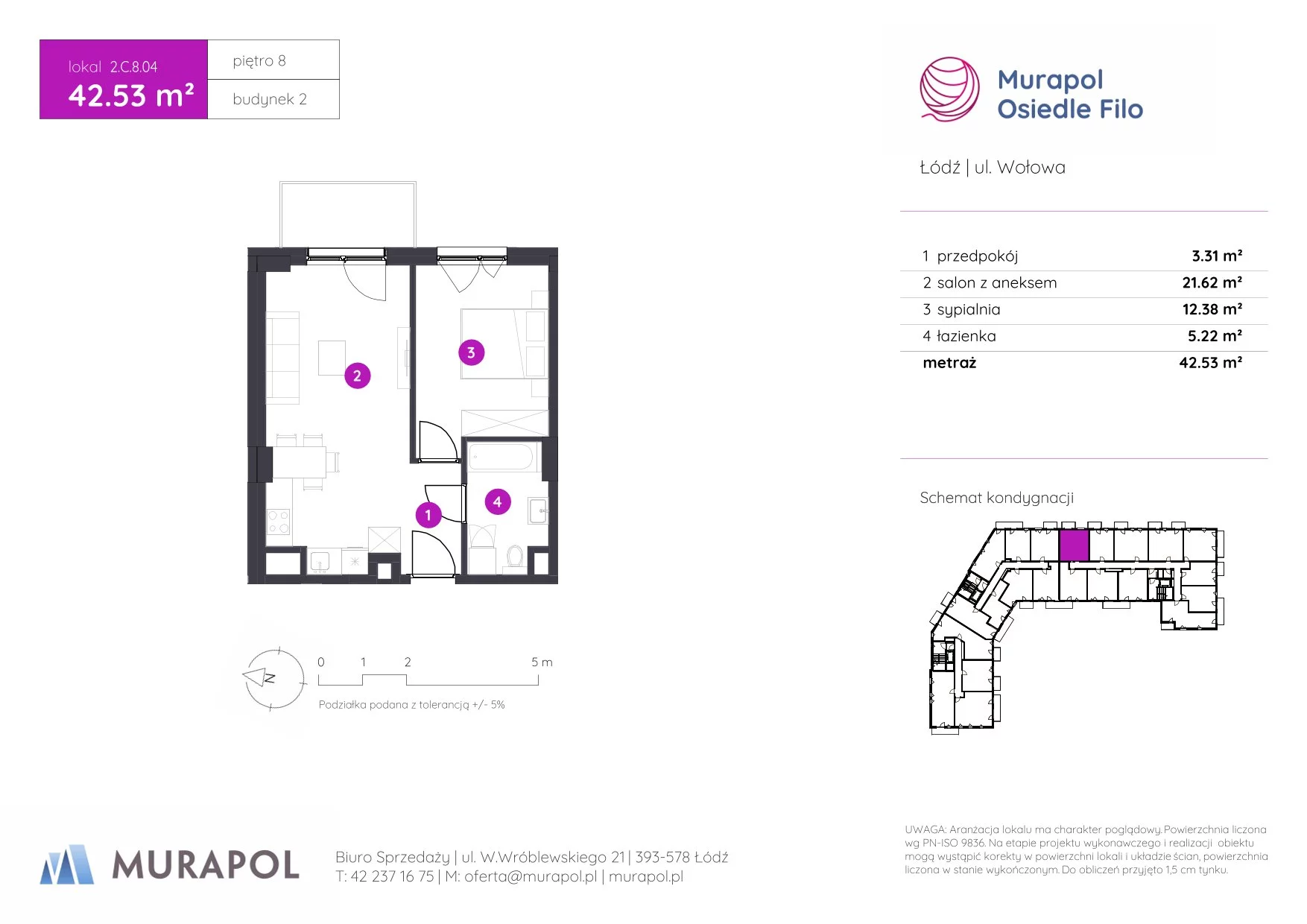 2 pokoje, mieszkanie 42,53 m², piętro 8, oferta nr 2.C.8.04, Murapol Osiedle Filo, Łódź, Polesie, Stare Polesie, ul. Wołowa