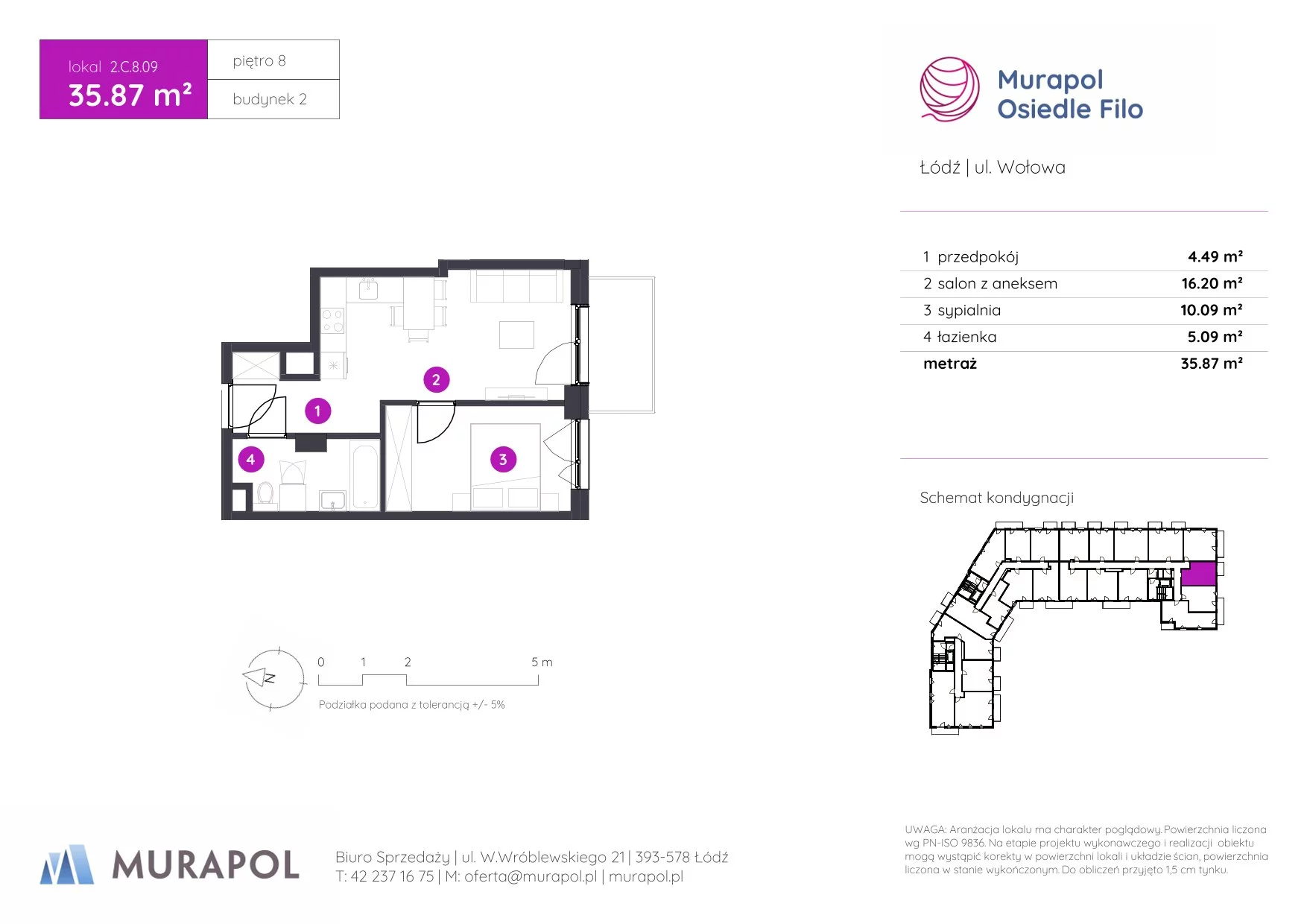 2 pokoje, mieszkanie 35,87 m², piętro 8, oferta nr 2.C.8.09, Murapol Osiedle Filo, Łódź, Polesie, Stare Polesie, ul. Wołowa