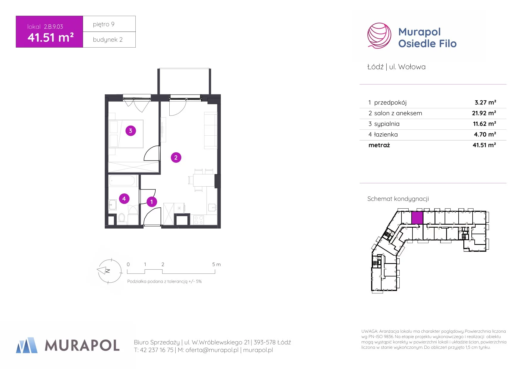 2 pokoje, mieszkanie 41,51 m², piętro 9, oferta nr 2.B.9.03, Murapol Osiedle Filo, Łódź, Polesie, Stare Polesie, ul. Wołowa