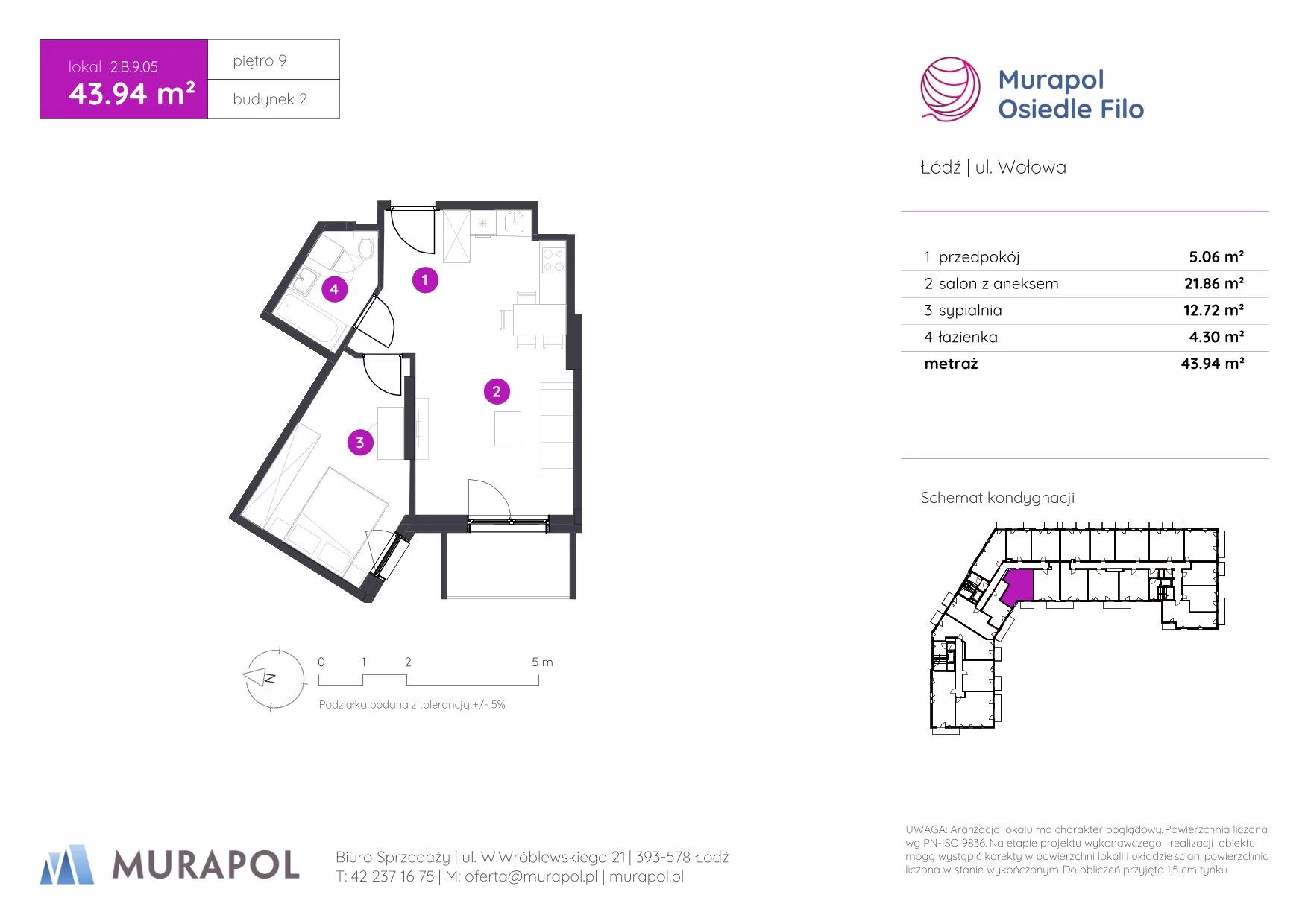 2 pokoje, mieszkanie 43,94 m², piętro 9, oferta nr 2.B.9.05, Murapol Osiedle Filo, Łódź, Polesie, Stare Polesie, ul. Wołowa