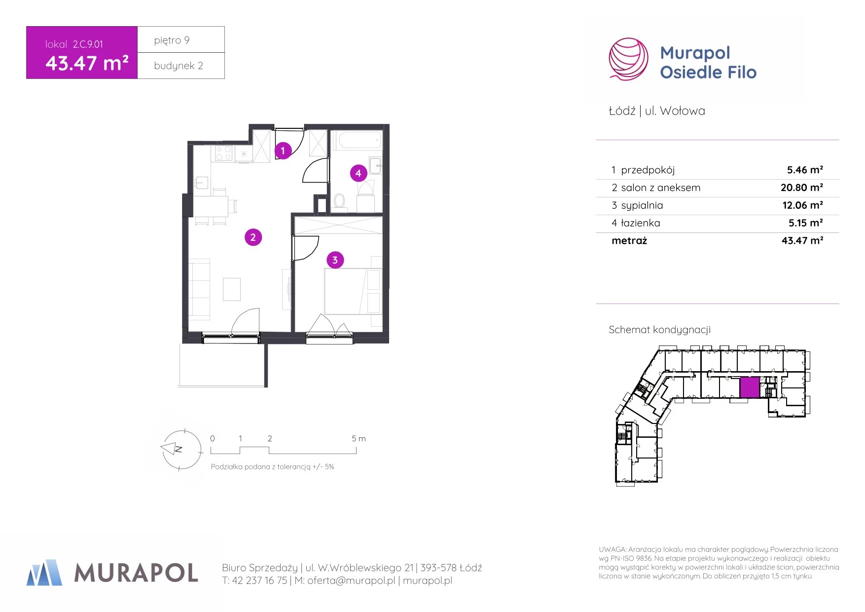 2 pokoje, mieszkanie 43,47 m², piętro 9, oferta nr 2.C.9.01, Murapol Osiedle Filo, Łódź, Polesie, Stare Polesie, ul. Wołowa