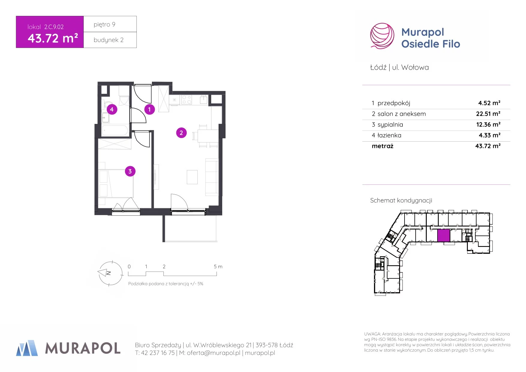 2 pokoje, mieszkanie 43,72 m², piętro 9, oferta nr 2.C.9.02, Murapol Osiedle Filo, Łódź, Polesie, Stare Polesie, ul. Wołowa