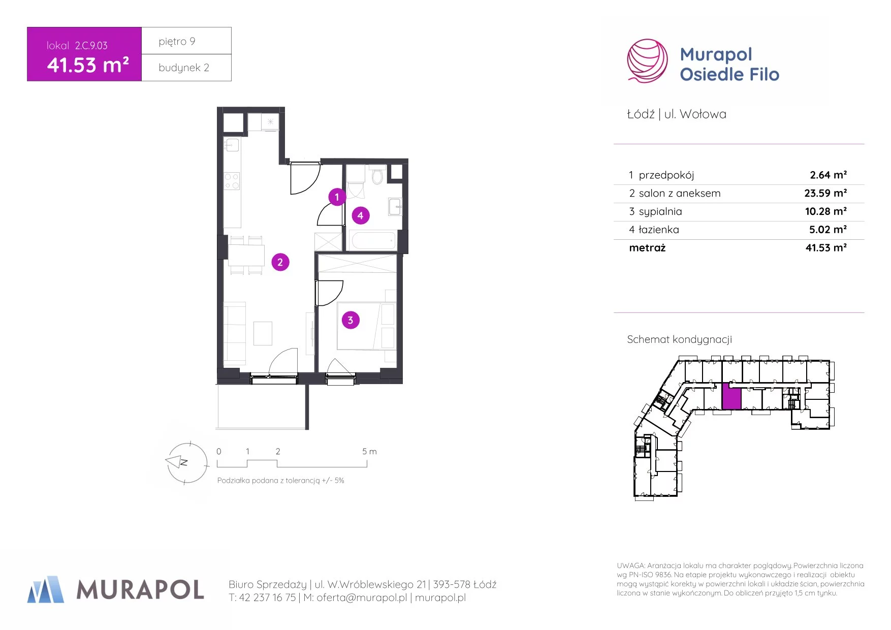 2 pokoje, mieszkanie 41,53 m², piętro 9, oferta nr 2.C.9.03, Murapol Osiedle Filo, Łódź, Polesie, Stare Polesie, ul. Wołowa