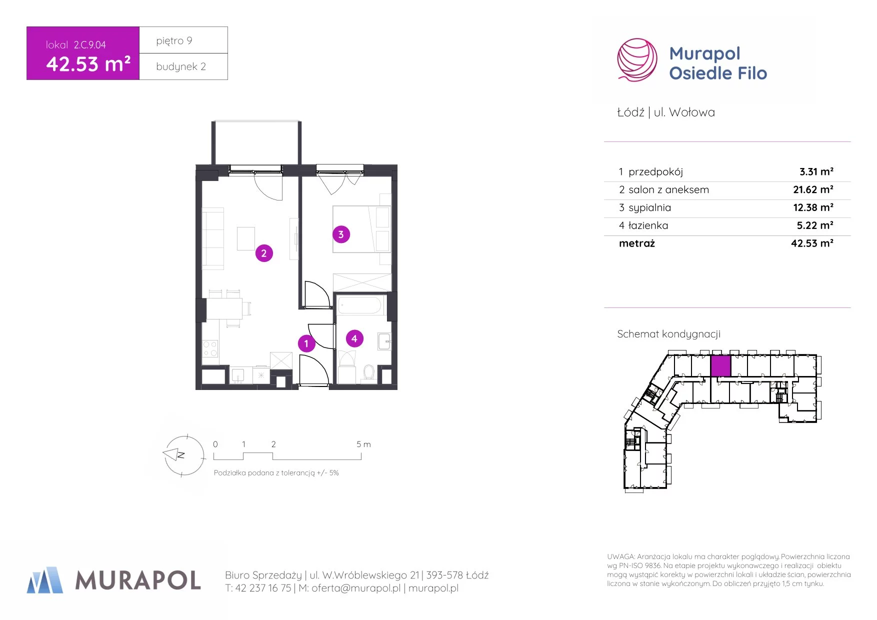 2 pokoje, mieszkanie 42,53 m², piętro 9, oferta nr 2.C.9.04, Murapol Osiedle Filo, Łódź, Polesie, Stare Polesie, ul. Wołowa