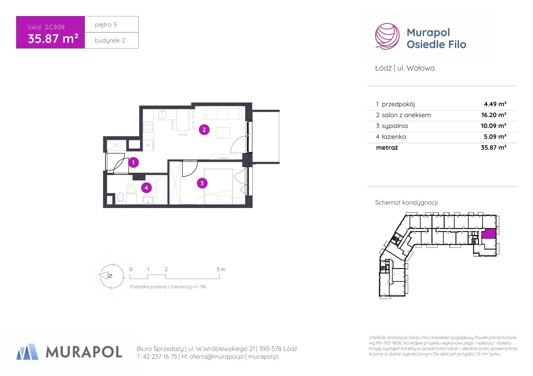 2 pokoje, mieszkanie 35,87 m², piętro 9, oferta nr 2.C.9.09, Murapol Osiedle Filo, Łódź, Polesie, Stare Polesie, ul. Wołowa