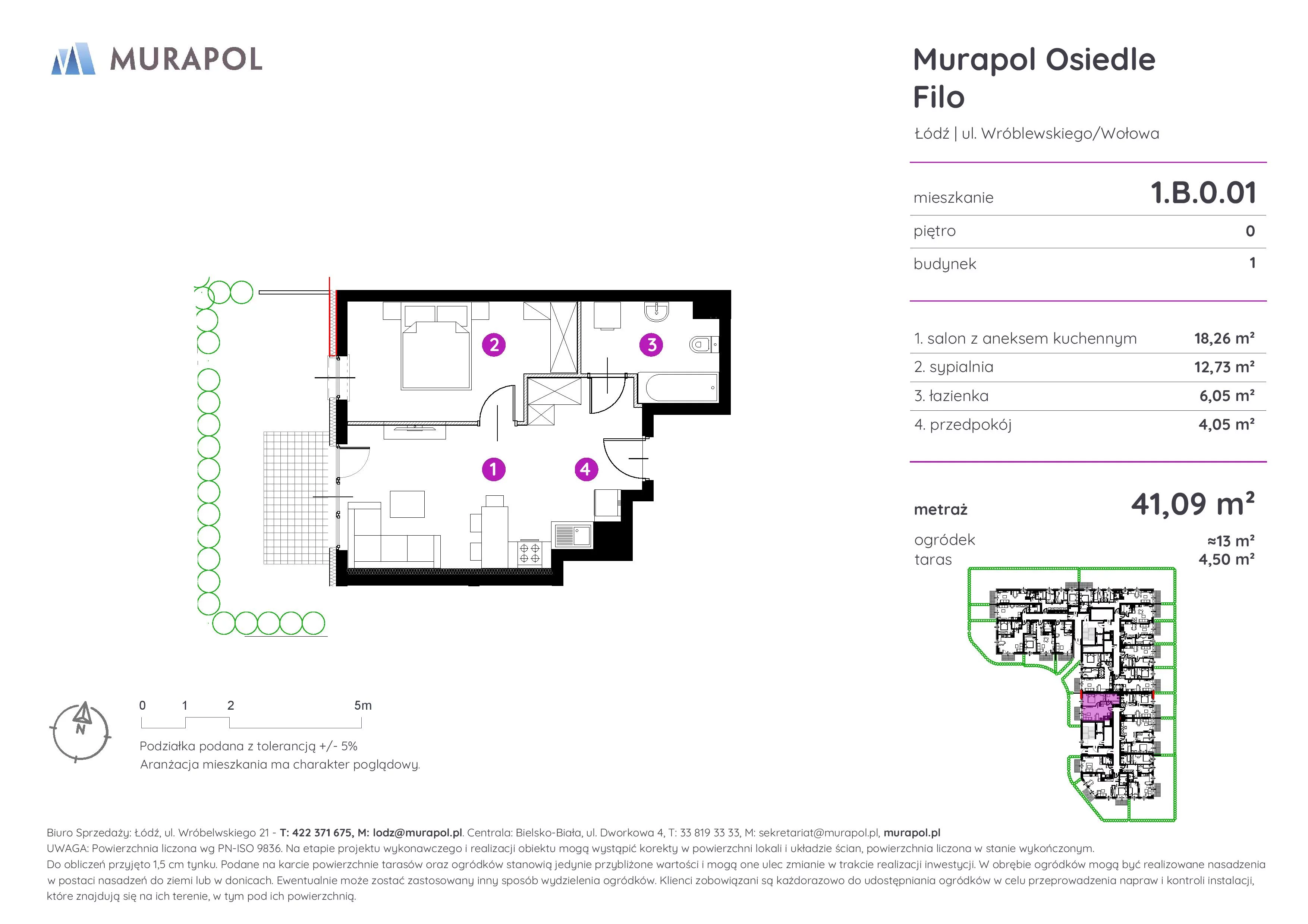 2 pokoje, mieszkanie 41,09 m², parter, oferta nr 1.B.0.01, Murapol Osiedle Filo, Łódź, Polesie, Stare Polesie, ul. Wołowa