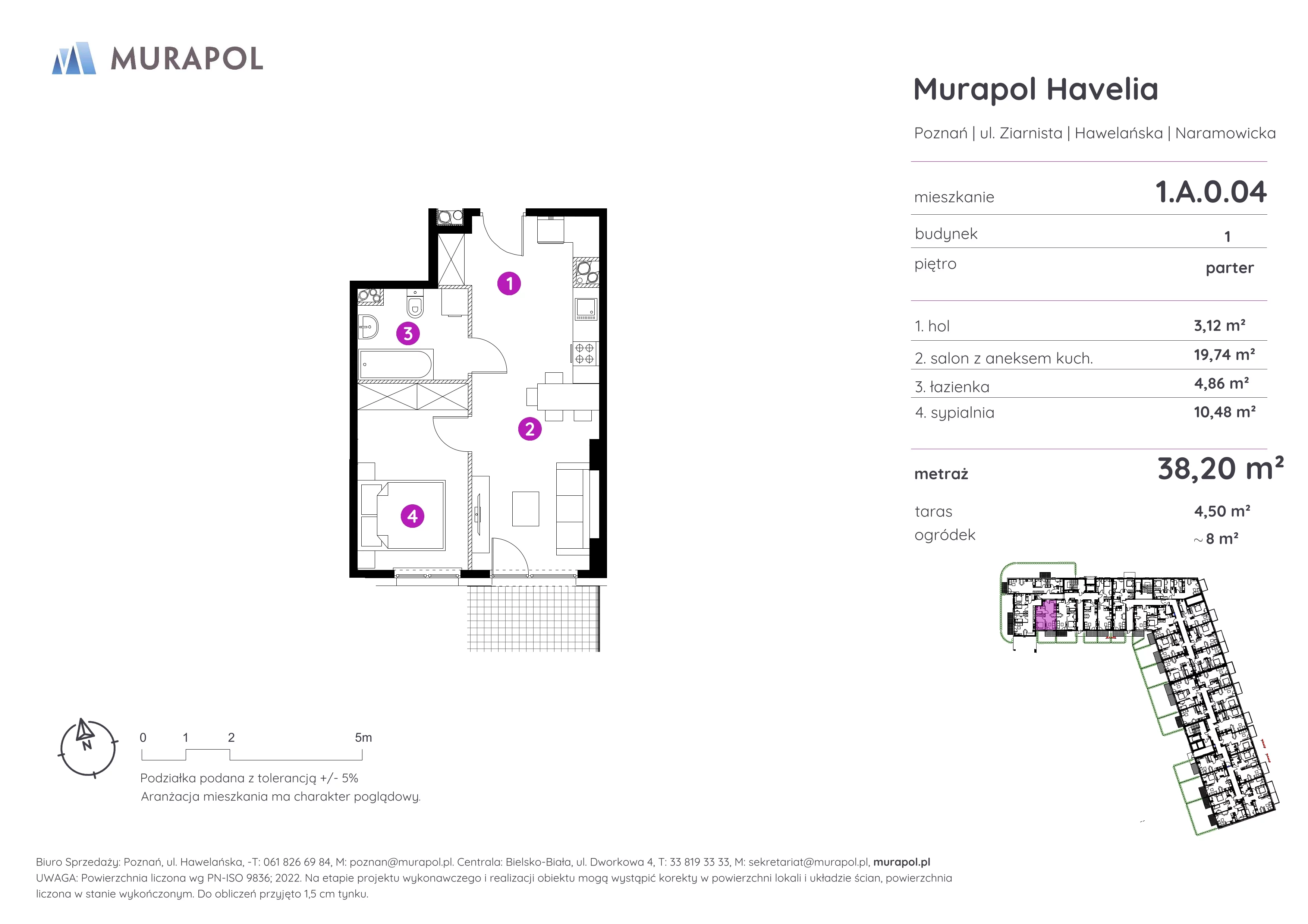 Mieszkanie 38,20 m², parter, oferta nr 1.A.0.04, Murapol Havelia, Poznań, Winogrady, Stare Winogrady, ul. Ziarnista / Naramowicka