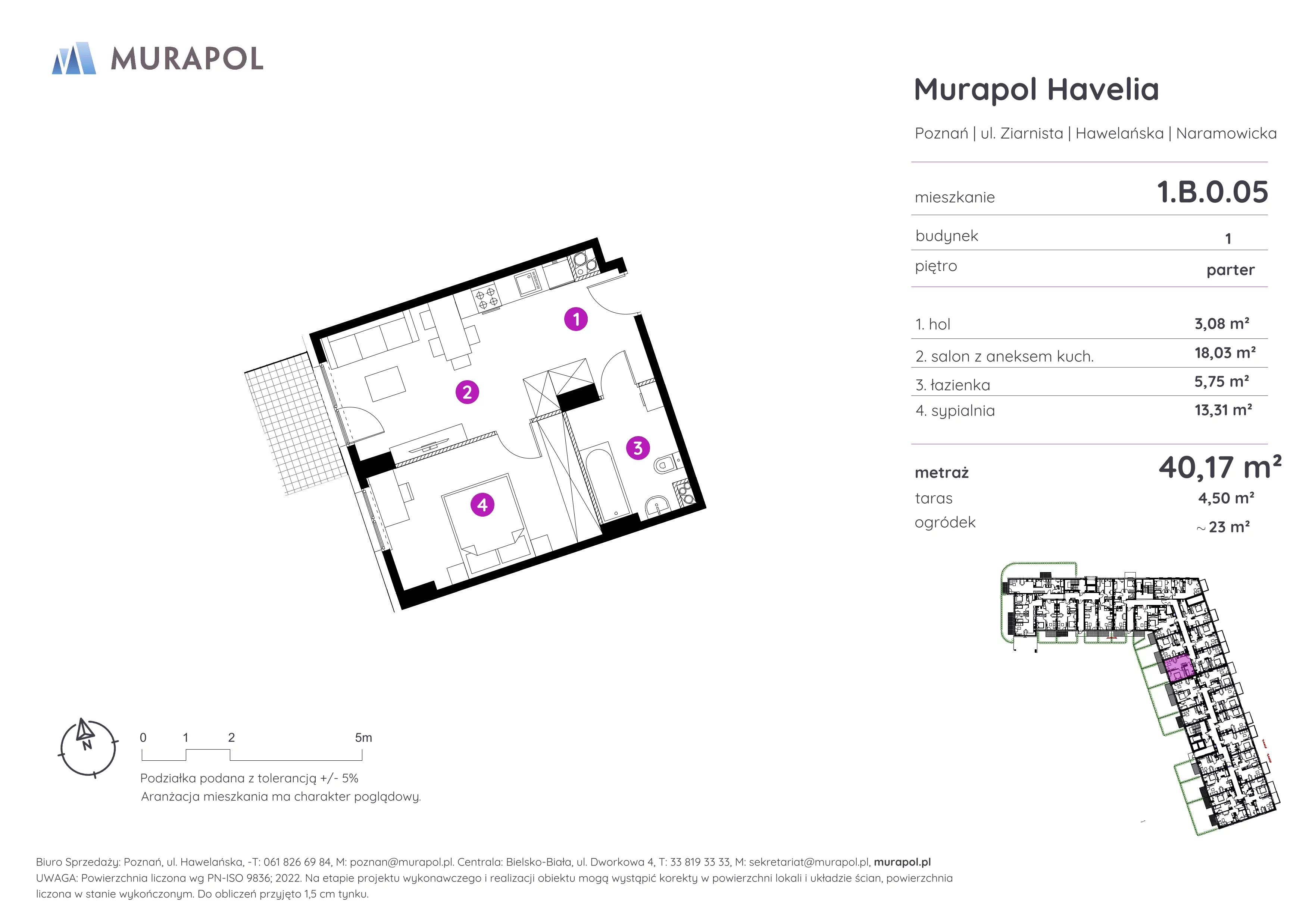 Mieszkanie 40,17 m², parter, oferta nr 1.B.0.05, Murapol Havelia, Poznań, Winogrady, Stare Winogrady, ul. Ziarnista / Naramowicka