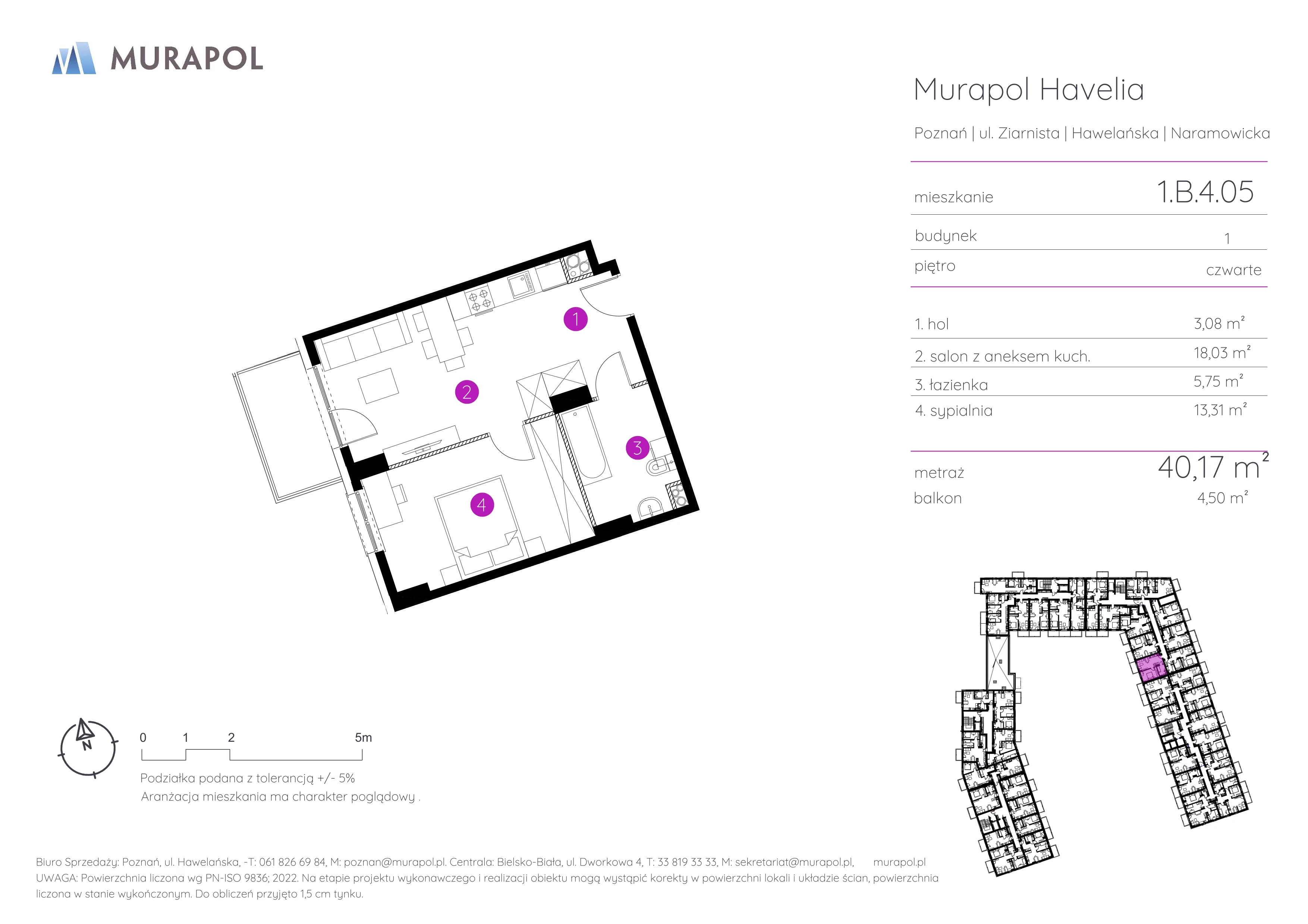 Mieszkanie 40,17 m², piętro 4, oferta nr 1.B.4.05, Murapol Havelia, Poznań, Winogrady, Stare Winogrady, ul. Ziarnista / Naramowicka