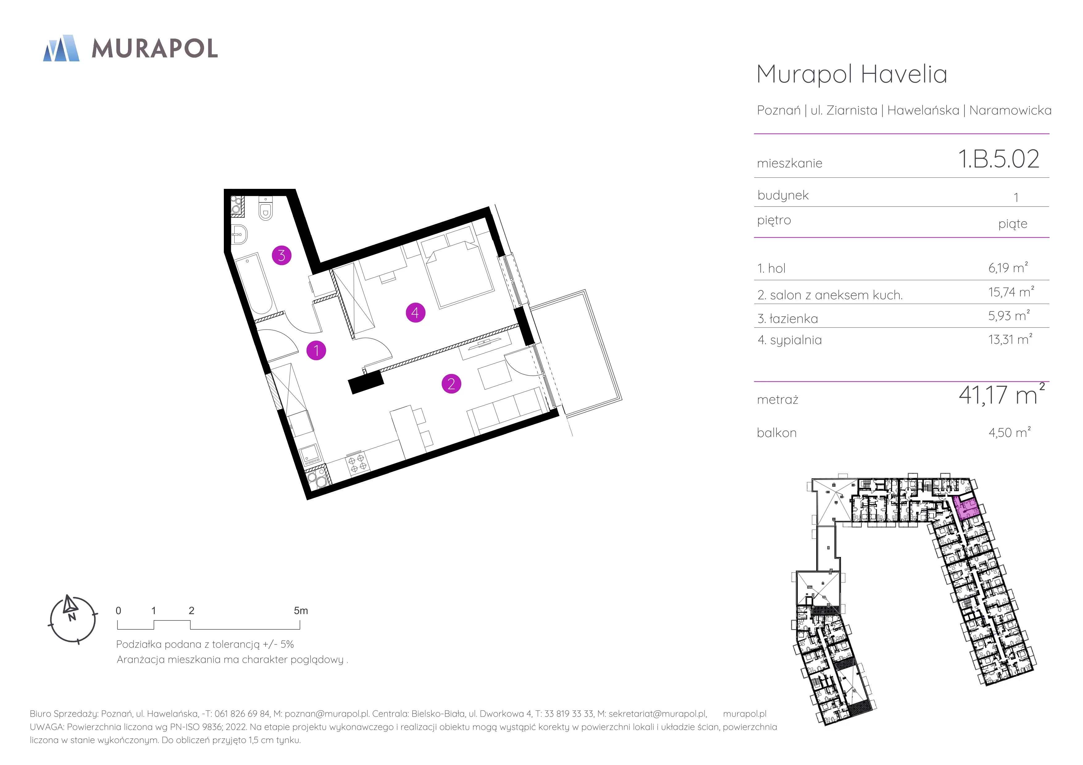 Mieszkanie 41,17 m², piętro 5, oferta nr 1.B.5.02, Murapol Havelia, Poznań, Winogrady, Stare Winogrady, ul. Ziarnista / Naramowicka