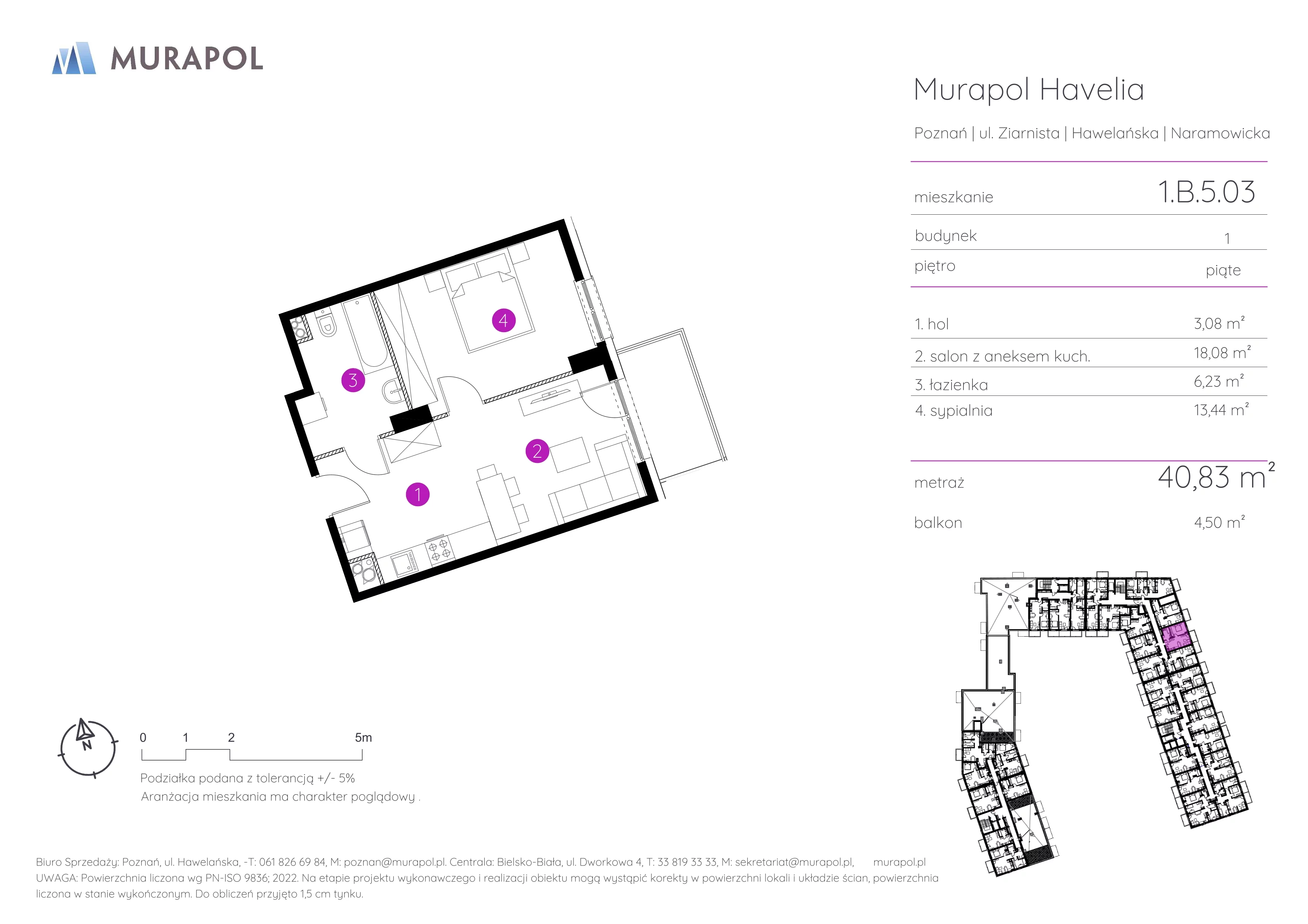 Mieszkanie 40,83 m², piętro 5, oferta nr 1.B.5.03, Murapol Havelia, Poznań, Winogrady, Stare Winogrady, ul. Ziarnista / Naramowicka