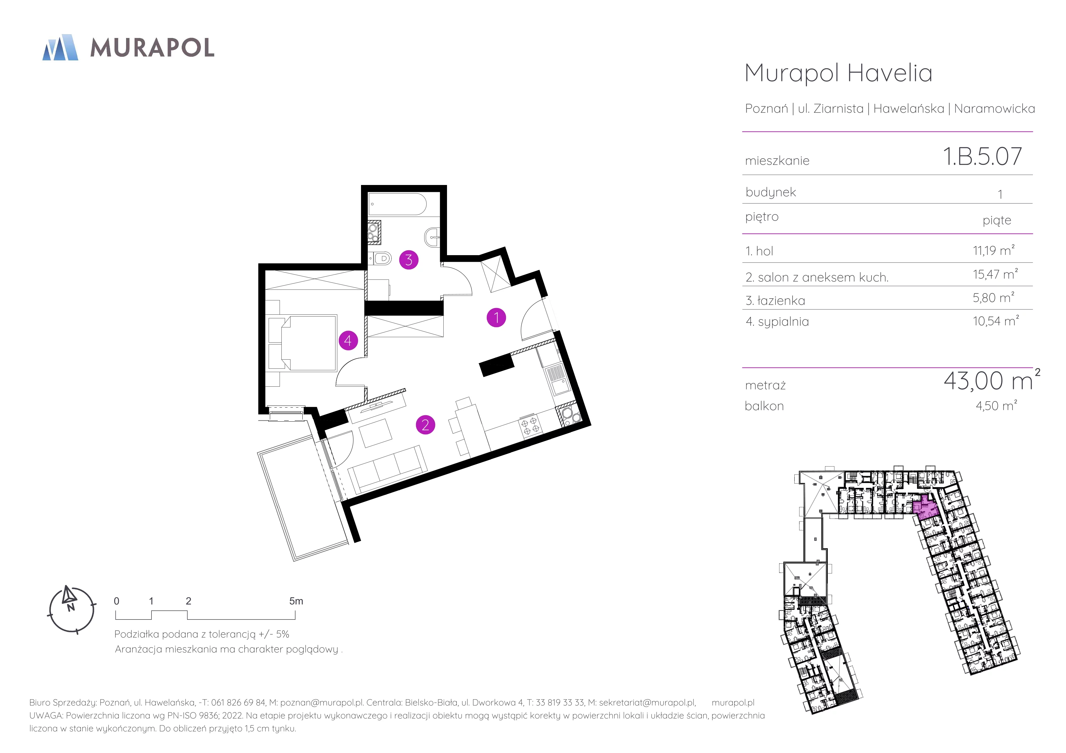Mieszkanie 43,00 m², piętro 5, oferta nr 1.B.5.07, Murapol Havelia, Poznań, Winogrady, Stare Winogrady, ul. Ziarnista / Naramowicka