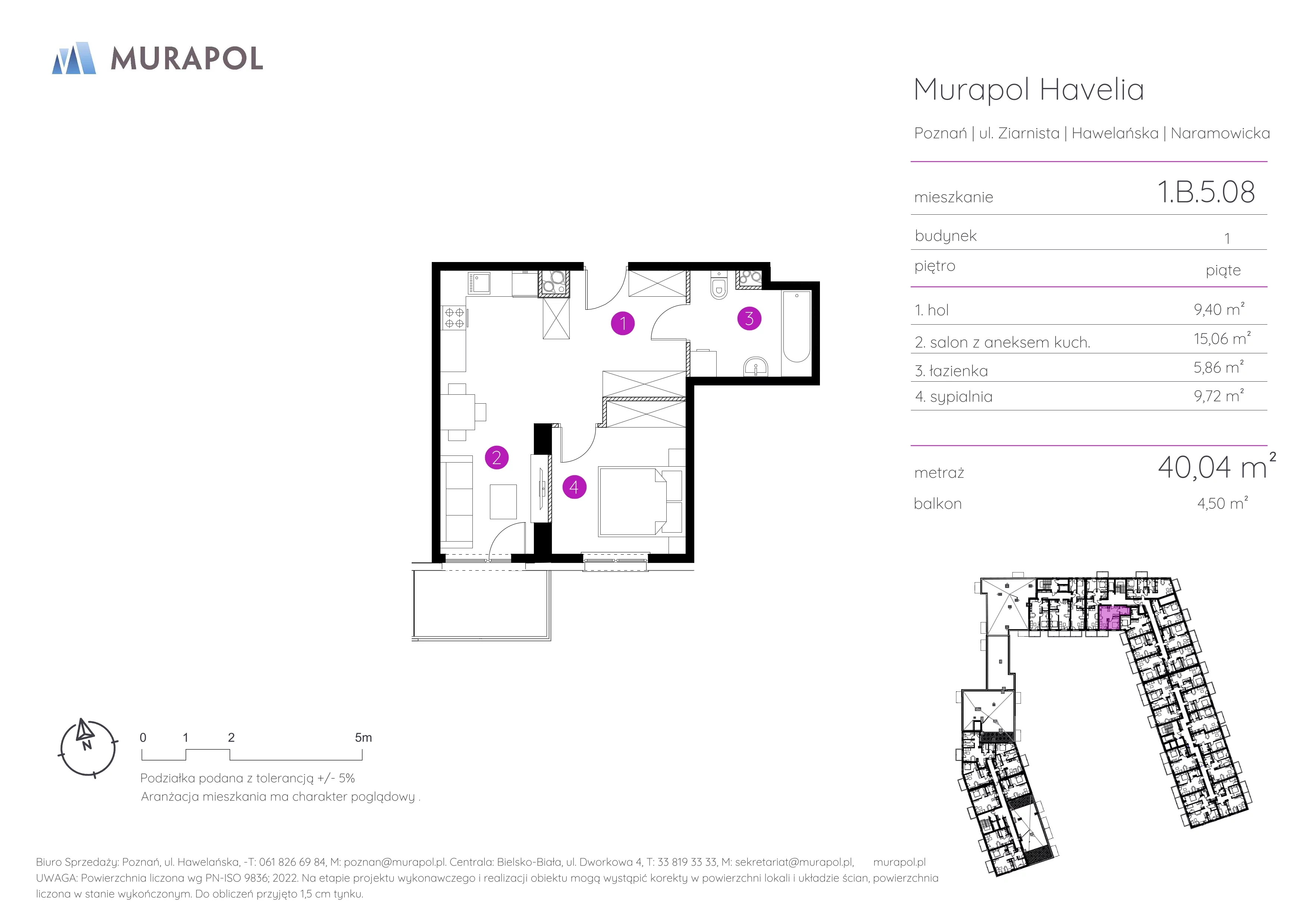Mieszkanie 40,04 m², piętro 5, oferta nr 1.B.5.08, Murapol Havelia, Poznań, Winogrady, Stare Winogrady, ul. Ziarnista / Naramowicka
