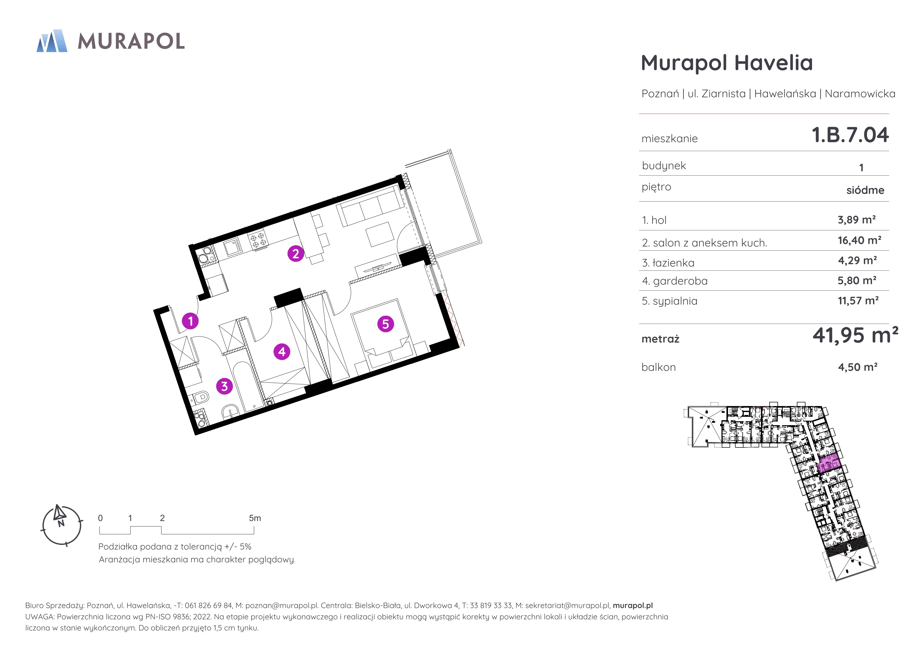 Mieszkanie 41,95 m², piętro 7, oferta nr 1.B.7.04, Murapol Havelia, Poznań, Winogrady, Stare Winogrady, ul. Ziarnista / Naramowicka