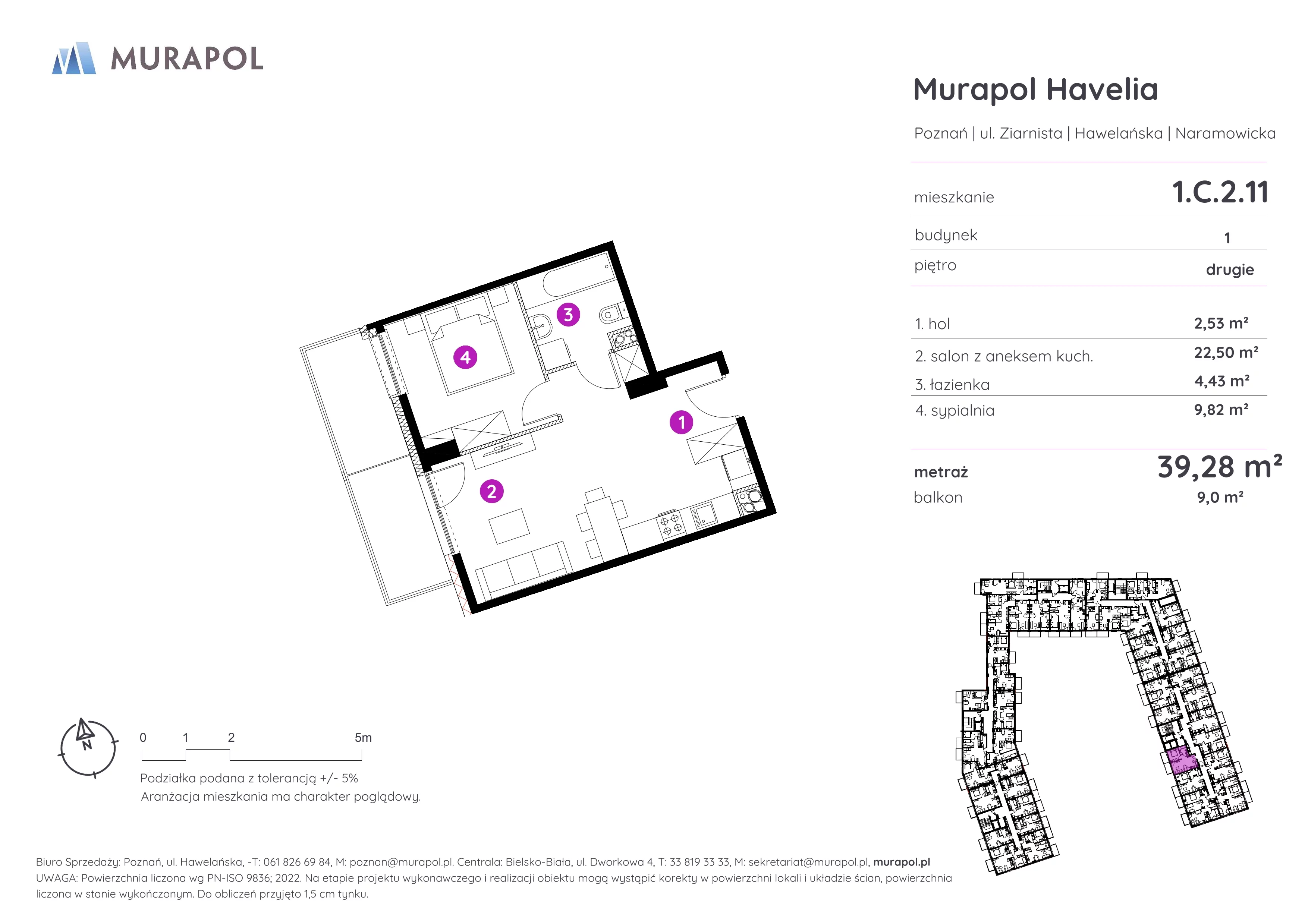 Mieszkanie 39,28 m², piętro 2, oferta nr 1.C.2.11, Murapol Havelia, Poznań, Winogrady, Stare Winogrady, ul. Ziarnista / Naramowicka