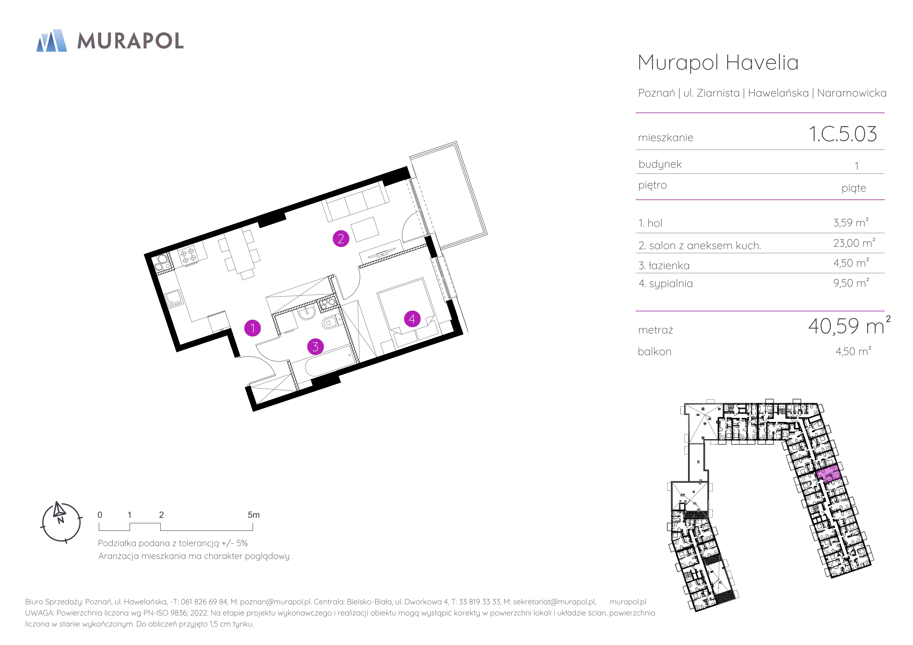 Mieszkanie 40,59 m², piętro 5, oferta nr 1.C.5.03, Murapol Havelia, Poznań, Winogrady, Stare Winogrady, ul. Ziarnista / Naramowicka