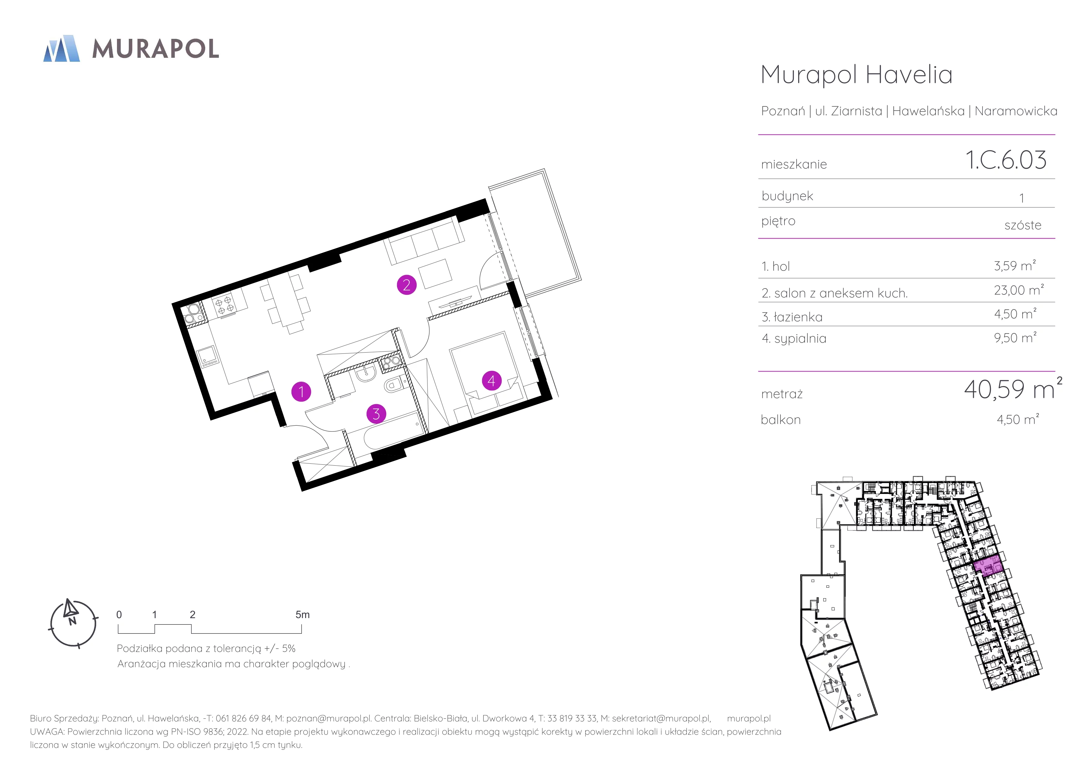 Mieszkanie 40,59 m², piętro 6, oferta nr 1.C.6.03, Murapol Havelia, Poznań, Winogrady, Stare Winogrady, ul. Ziarnista / Naramowicka