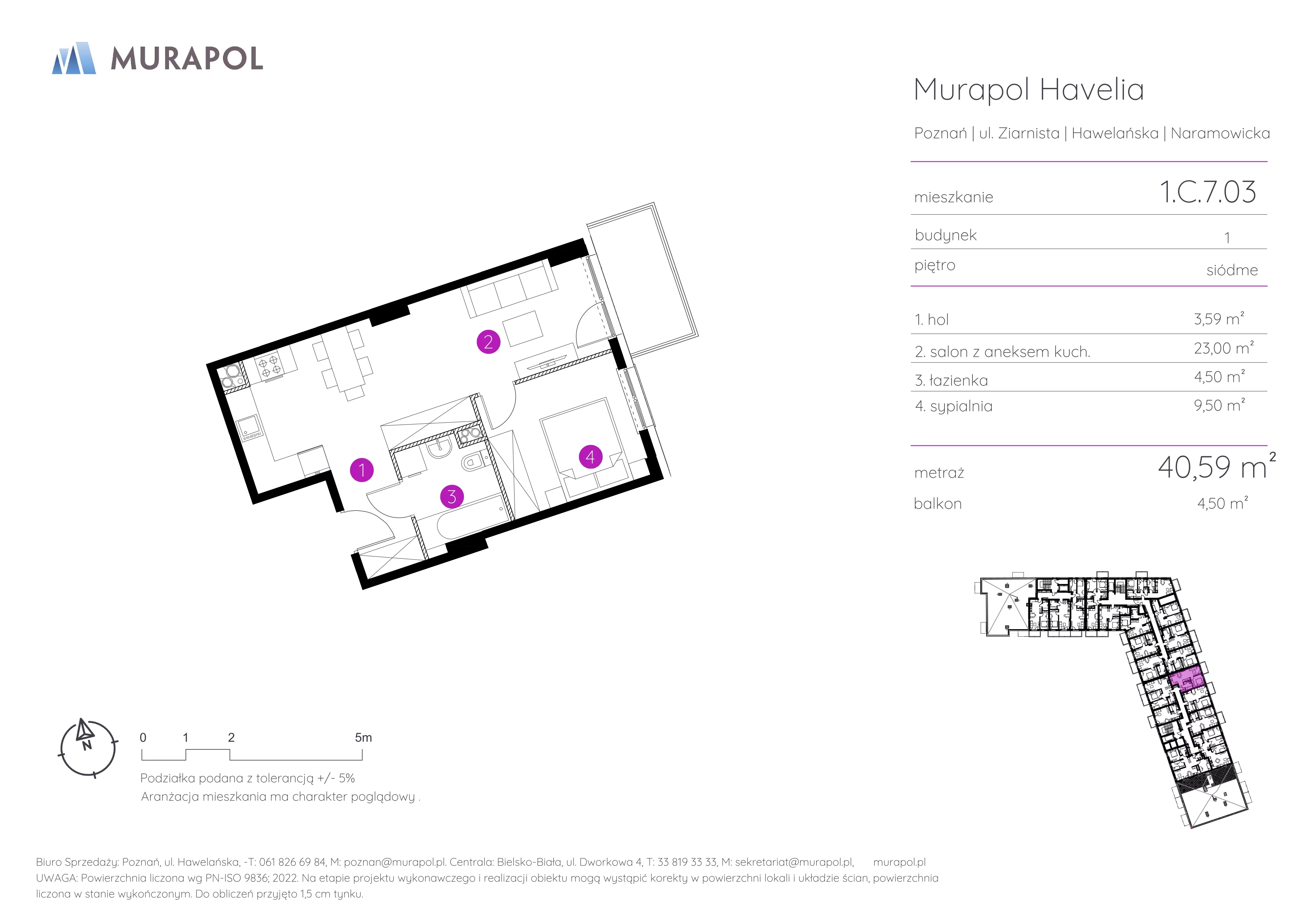 Mieszkanie 40,59 m², piętro 7, oferta nr 1.C.7.03, Murapol Havelia, Poznań, Winogrady, Stare Winogrady, ul. Ziarnista / Naramowicka