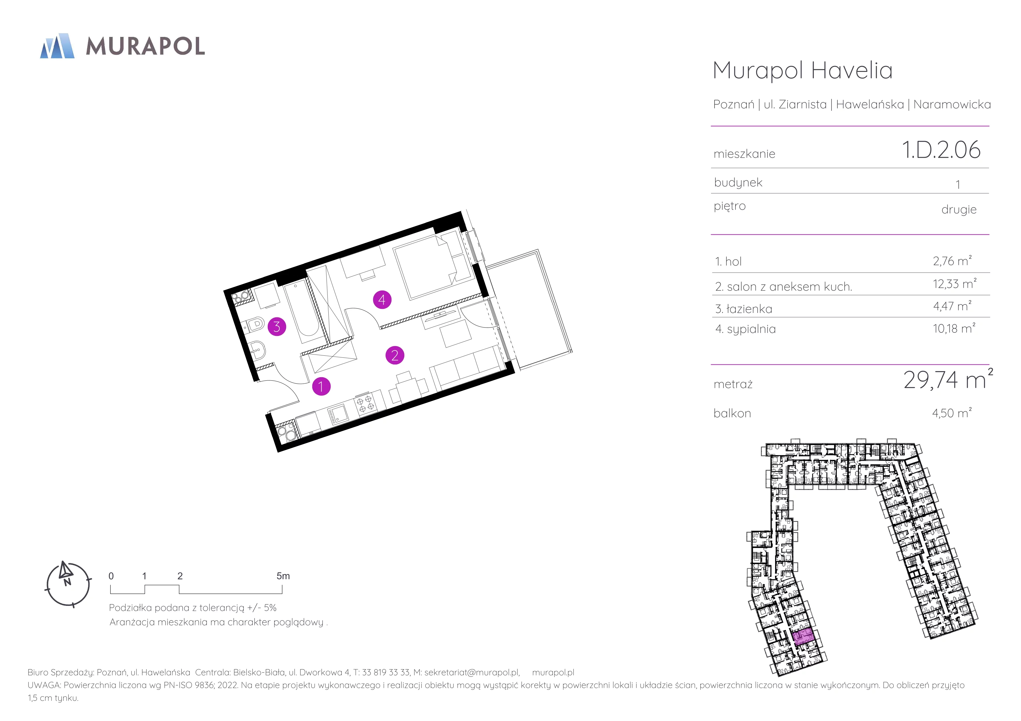 Mieszkanie 29,74 m², piętro 2, oferta nr 1.D.2.06, Murapol Havelia, Poznań, Winogrady, Stare Winogrady, ul. Ziarnista / Naramowicka