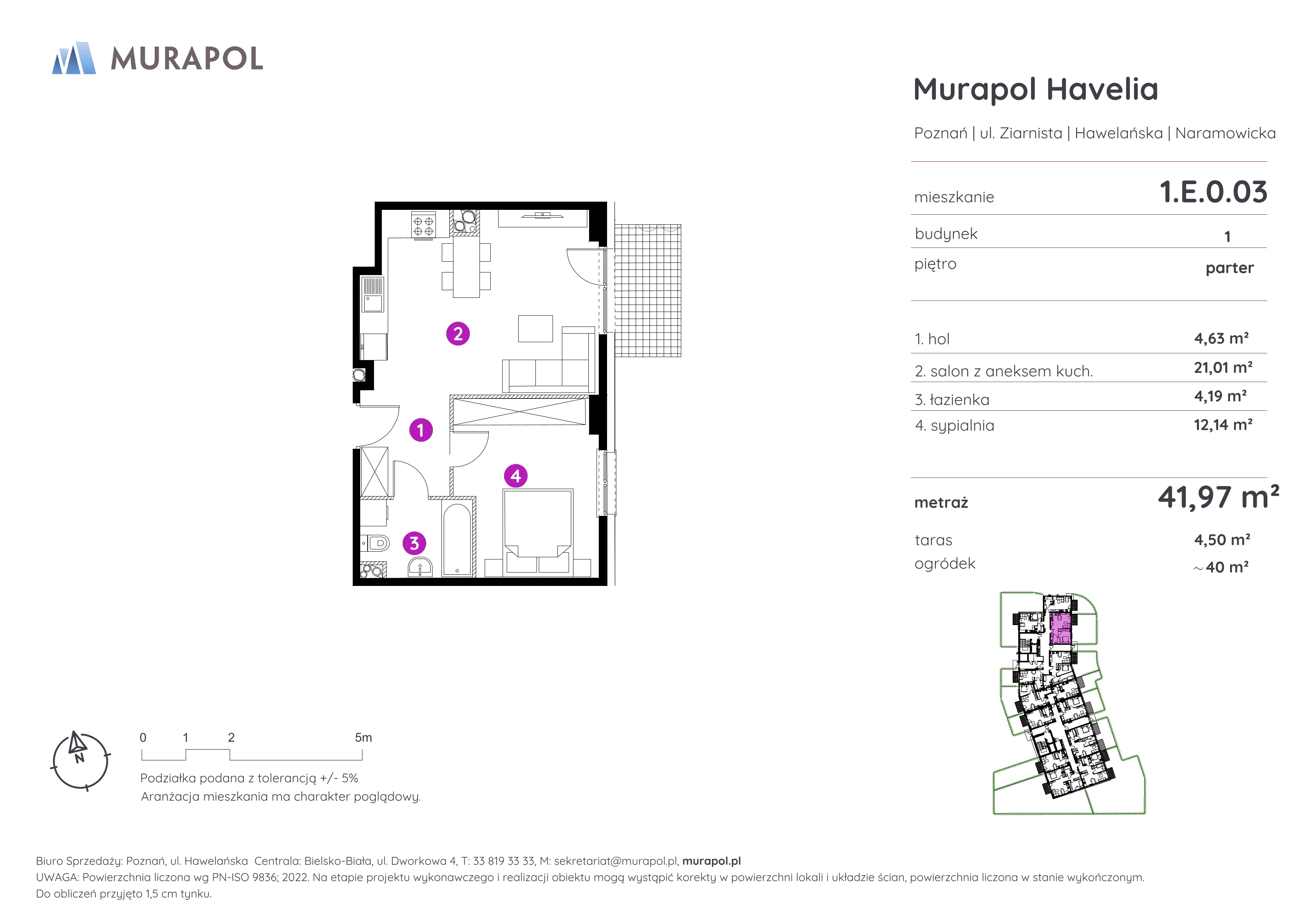 Mieszkanie 41,97 m², parter, oferta nr 1.E.0.03, Murapol Havelia, Poznań, Winogrady, Stare Winogrady, ul. Ziarnista / Naramowicka