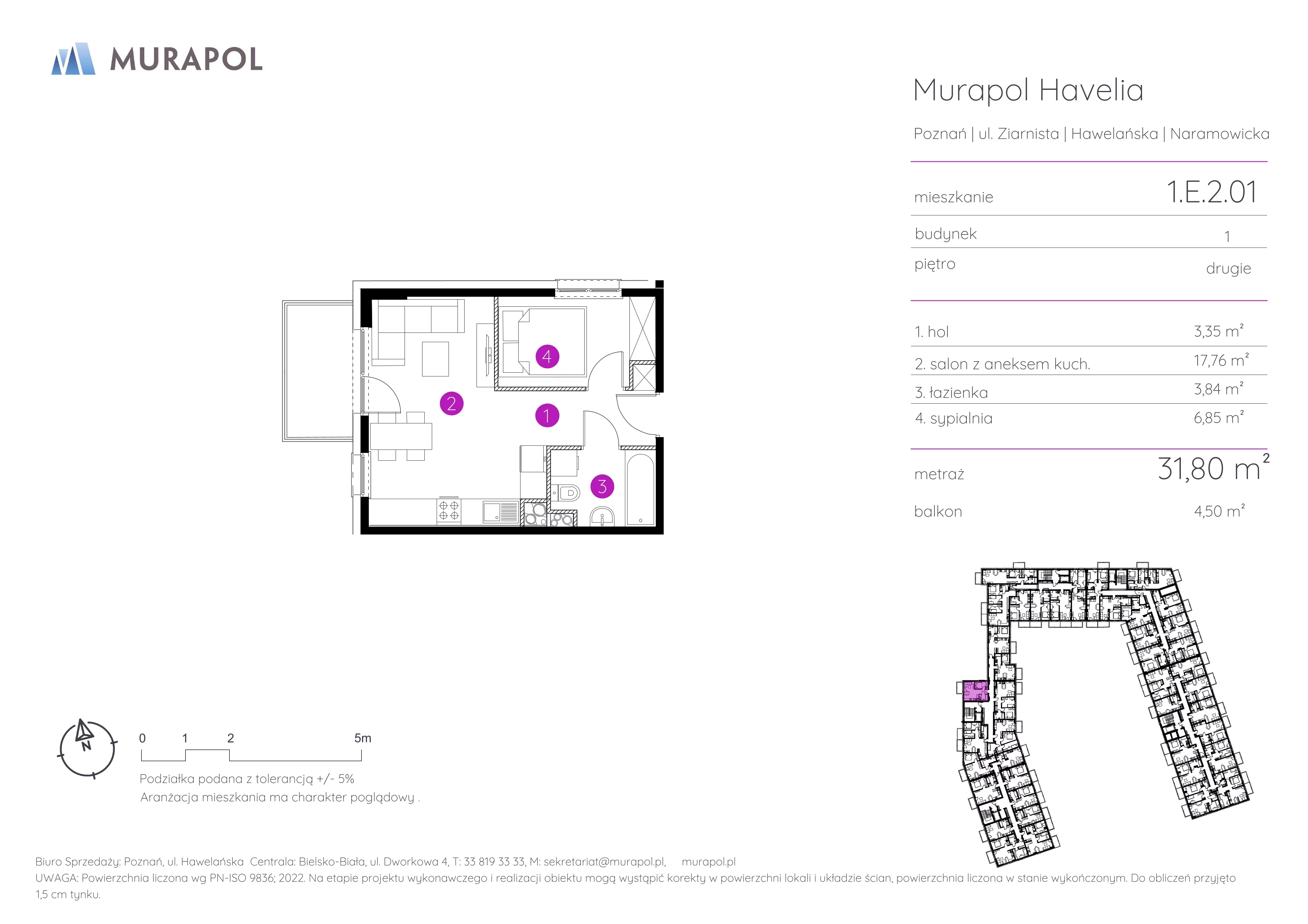 Mieszkanie 31,80 m², piętro 2, oferta nr 1.E.2.01, Murapol Havelia, Poznań, Winogrady, Stare Winogrady, ul. Ziarnista / Naramowicka