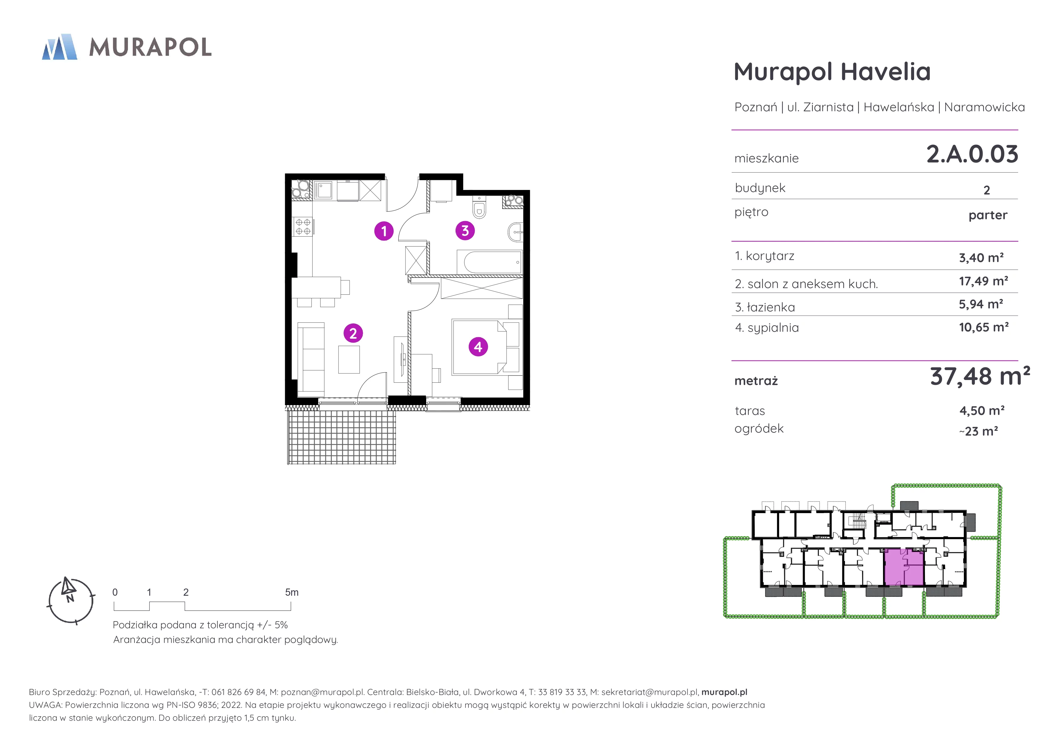 Mieszkanie 37,48 m², parter, oferta nr 2.A.0.03, Murapol Havelia, Poznań, Winogrady, Stare Winogrady, ul. Ziarnista / Naramowicka