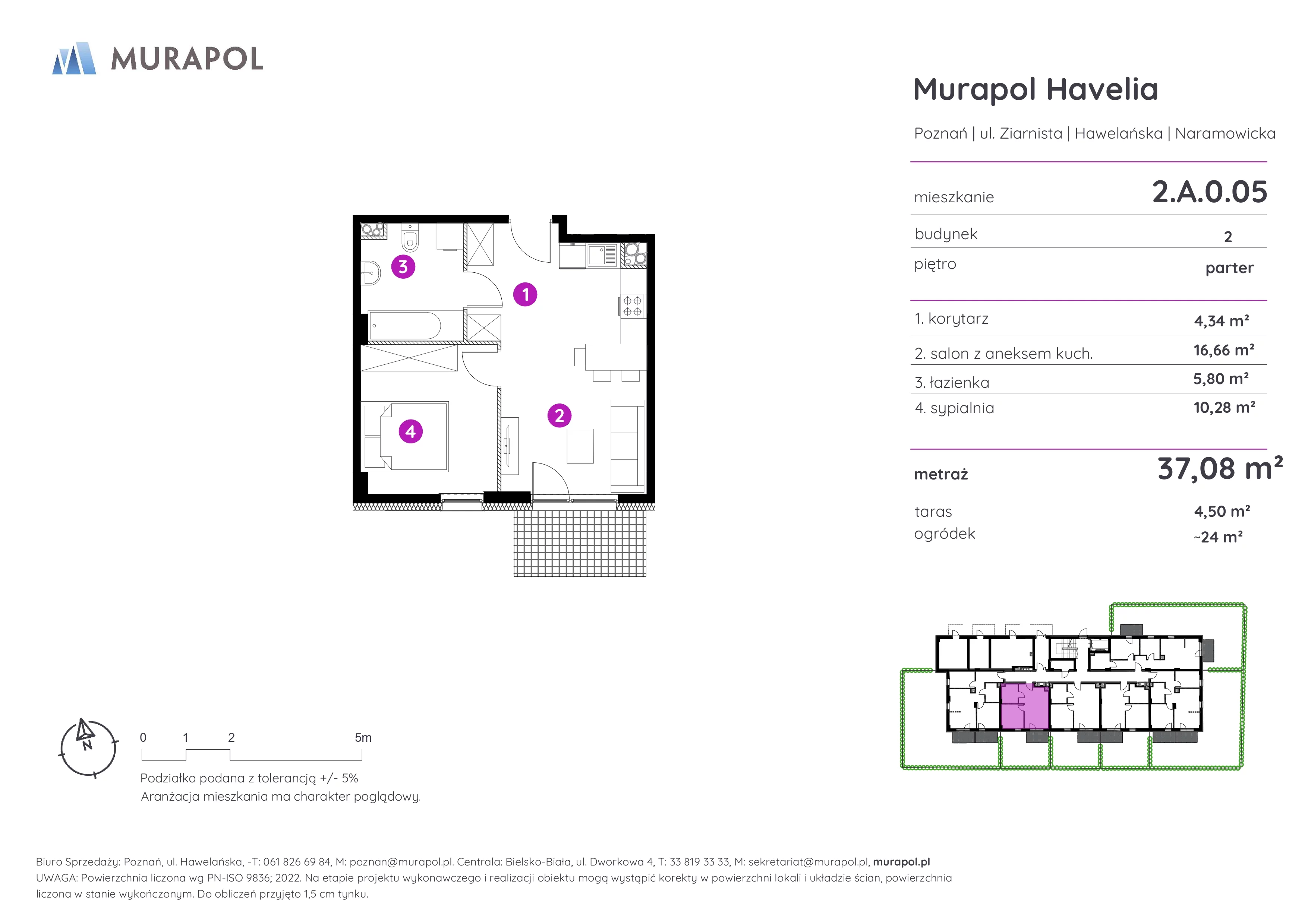 Mieszkanie 37,08 m², parter, oferta nr 2.A.0.05, Murapol Havelia, Poznań, Winogrady, Stare Winogrady, ul. Ziarnista / Naramowicka