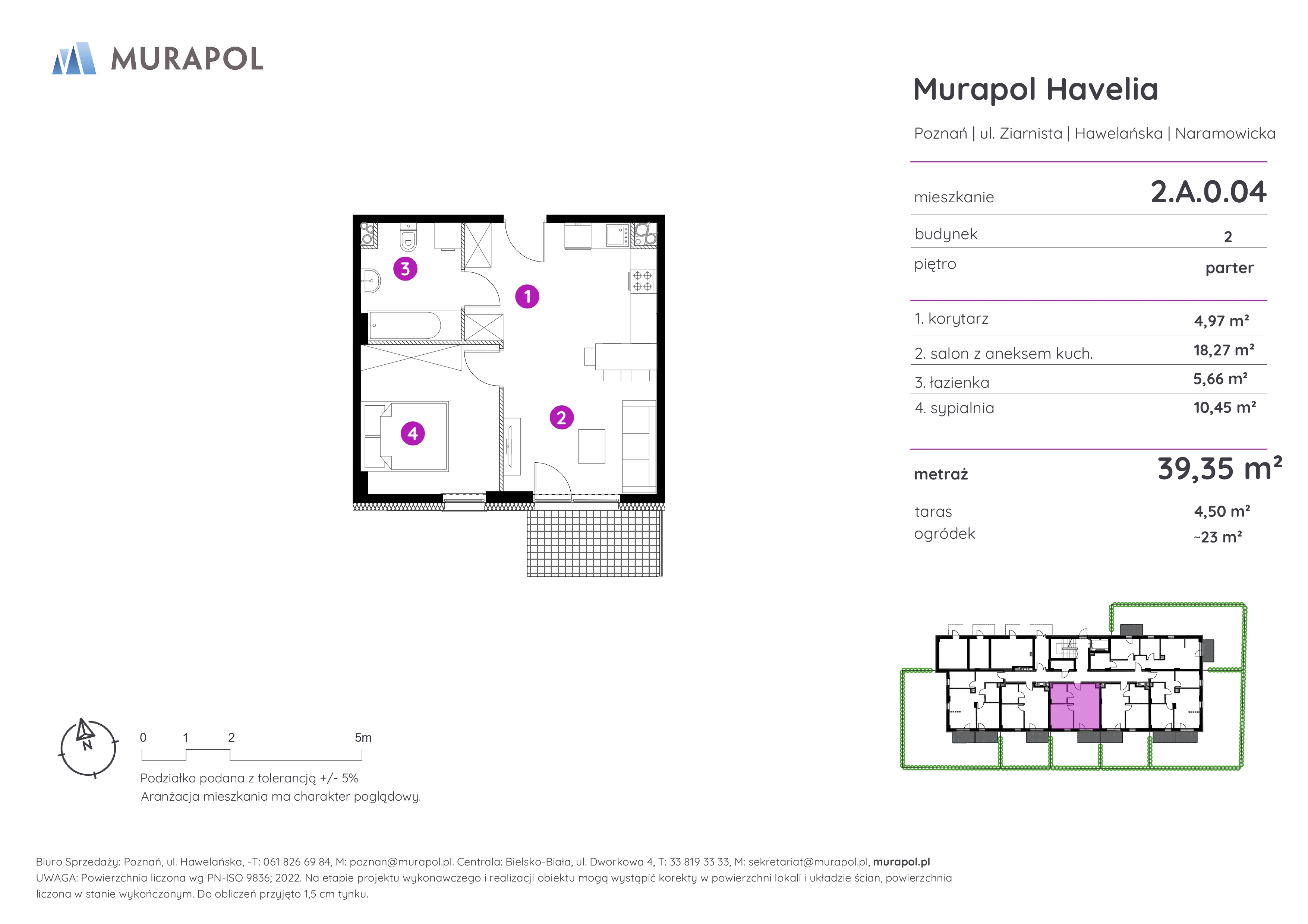 2 pokoje, mieszkanie 39,35 m², parter, oferta nr 2.A.0.04, Murapol Havelia, Poznań, Winogrady, Stare Winogrady, ul. Ziarnista / Naramowicka