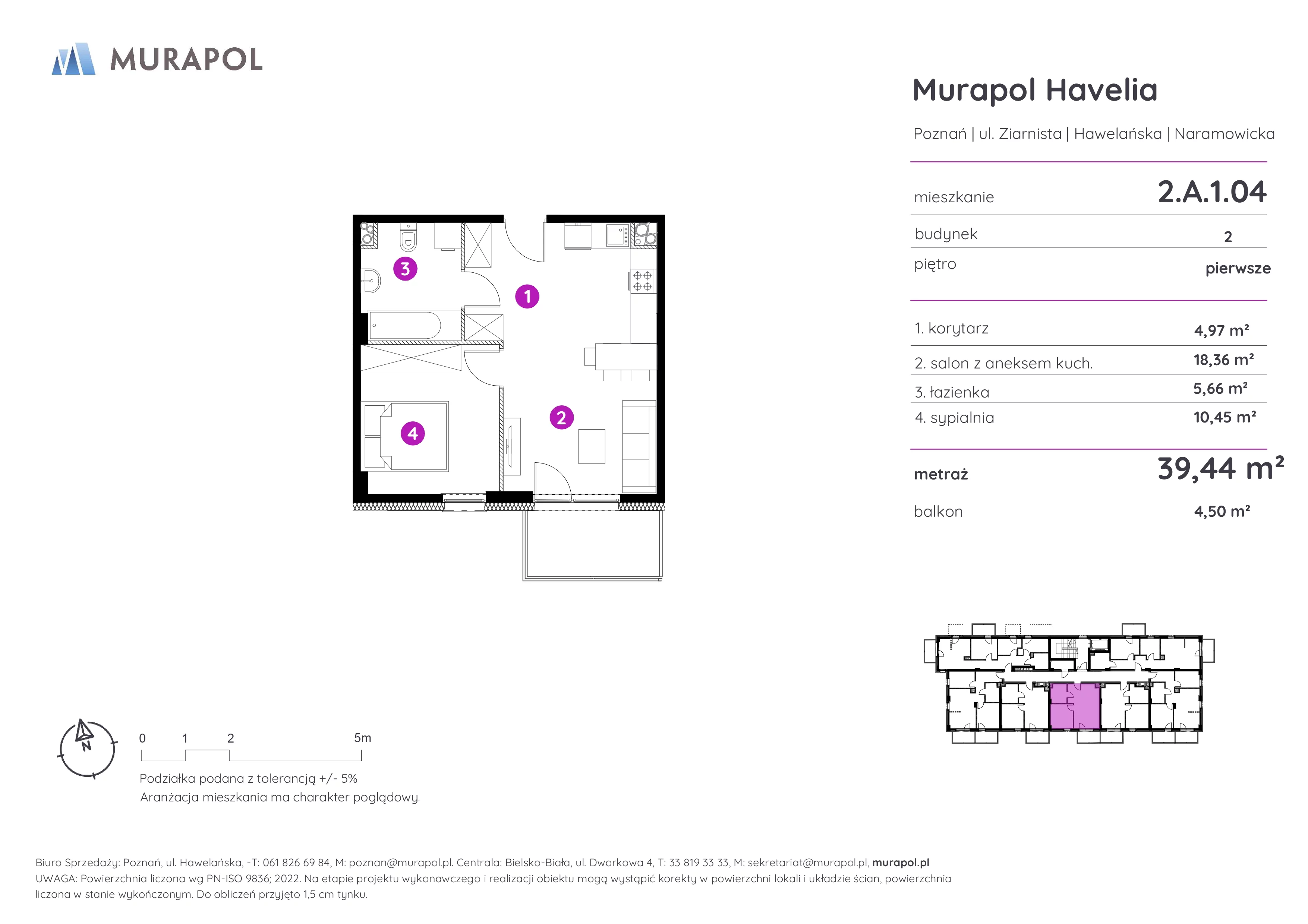 2 pokoje, mieszkanie 39,44 m², piętro 1, oferta nr 2.A.1.04, Murapol Havelia, Poznań, Winogrady, Stare Winogrady, ul. Ziarnista / Naramowicka