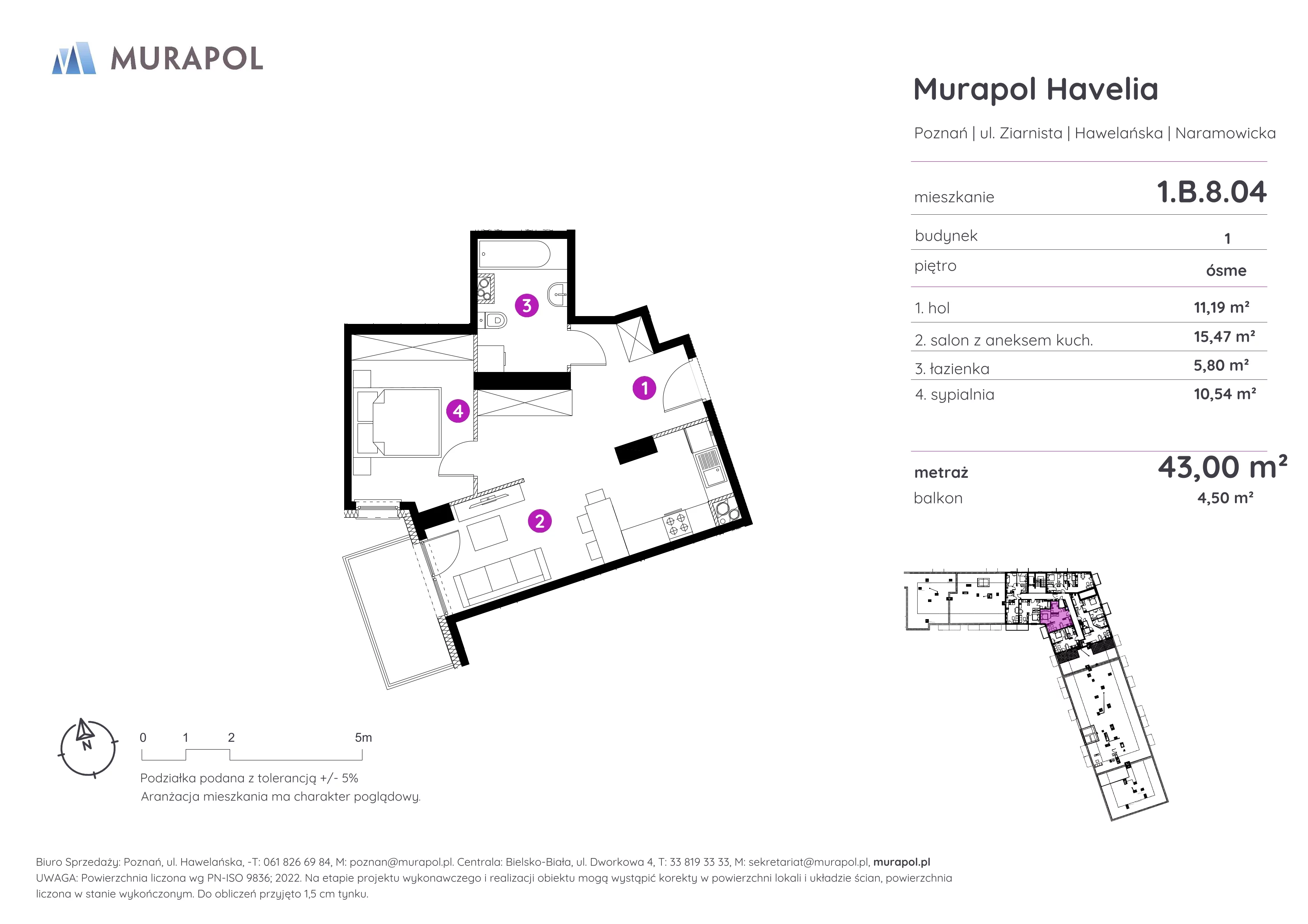 2 pokoje, mieszkanie 43,00 m², piętro 8, oferta nr 1.B.8.04, Murapol Havelia, Poznań, Winogrady, Stare Winogrady, ul. Ziarnista / Naramowicka