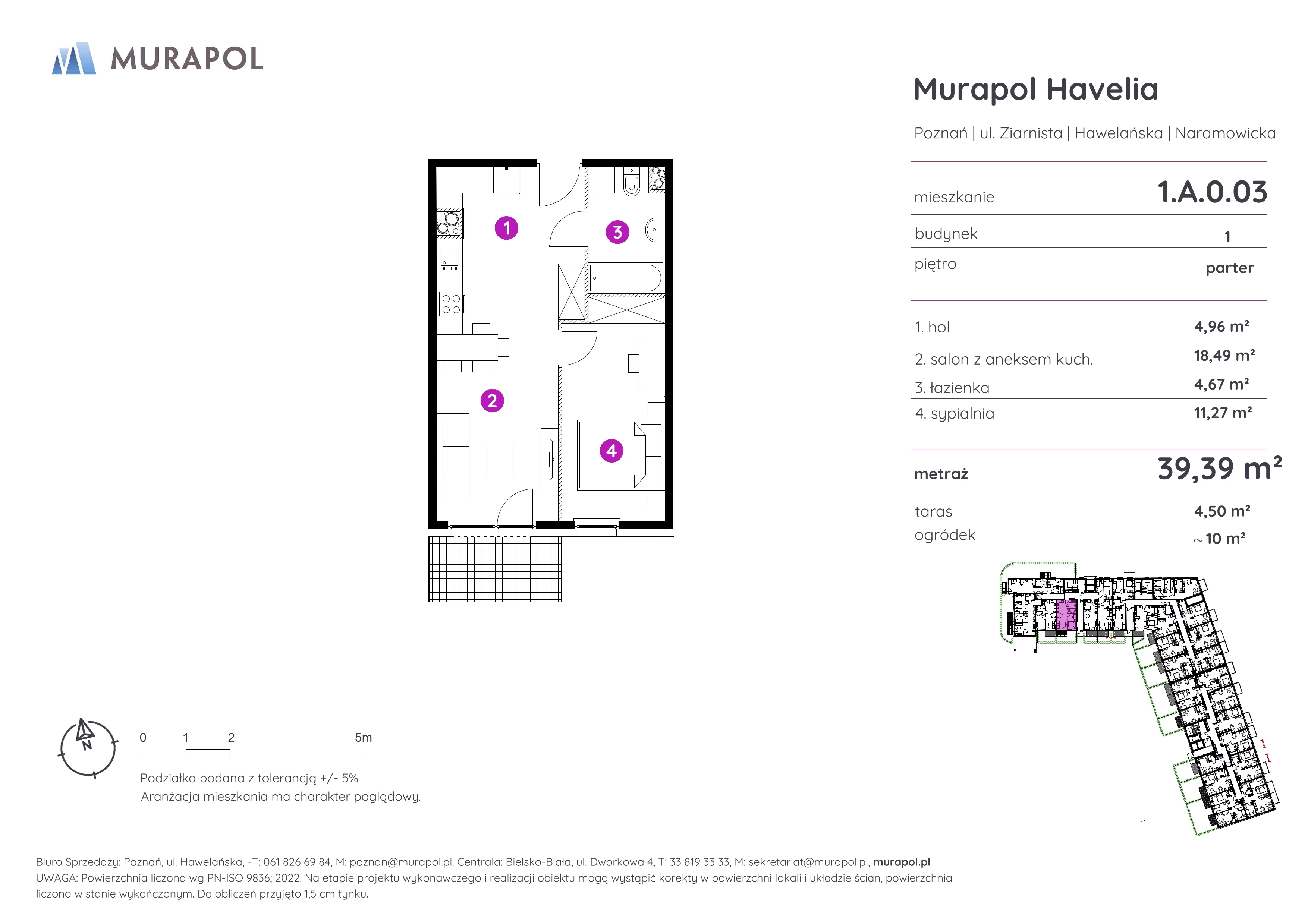 2 pokoje, mieszkanie 39,39 m², parter, oferta nr 1.A.0.03, Murapol Havelia, Poznań, Winogrady, Stare Winogrady, ul. Ziarnista / Naramowicka