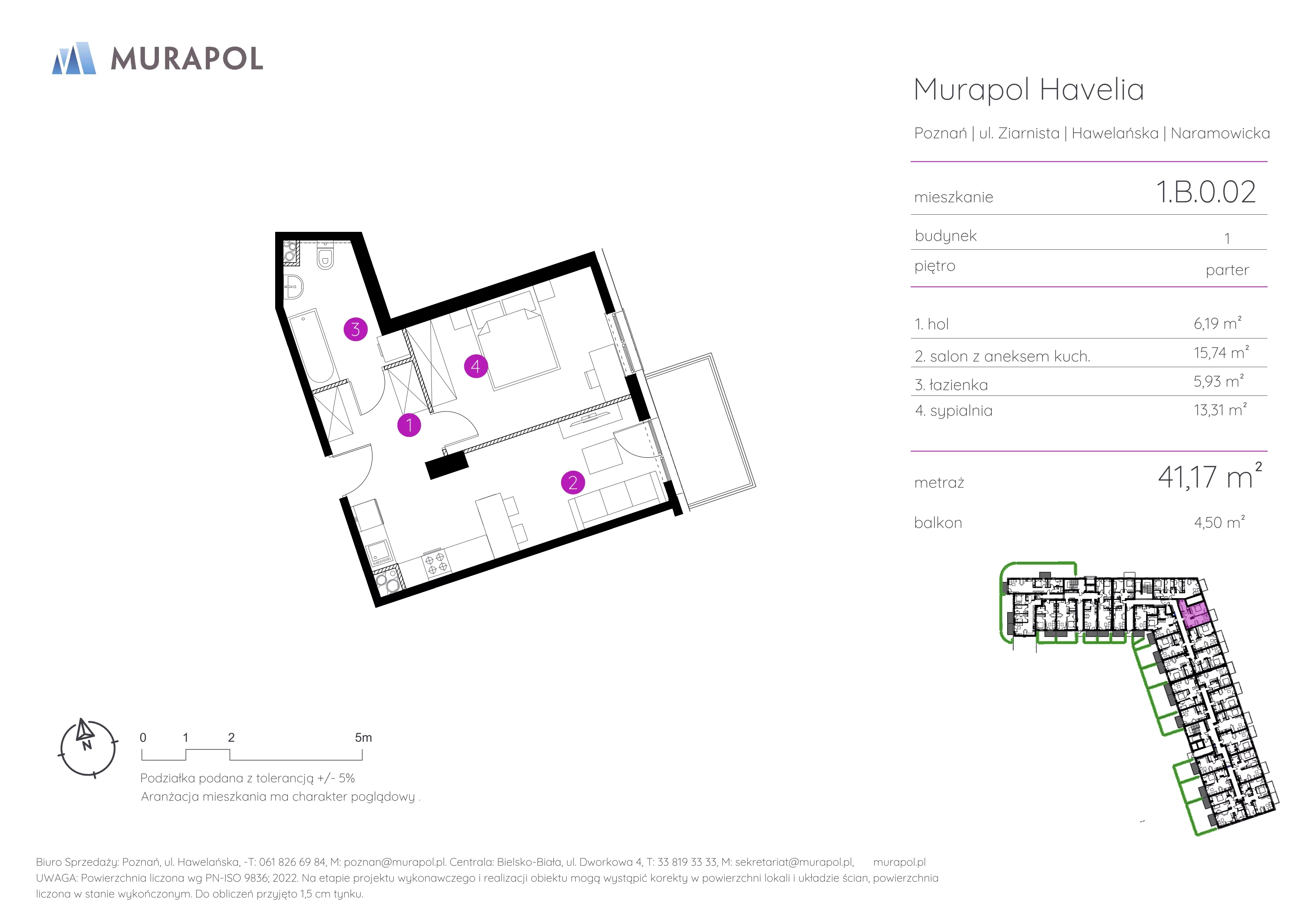 2 pokoje, mieszkanie 41,17 m², parter, oferta nr 1.B.0.02, Murapol Havelia, Poznań, Winogrady, Stare Winogrady, ul. Ziarnista / Naramowicka